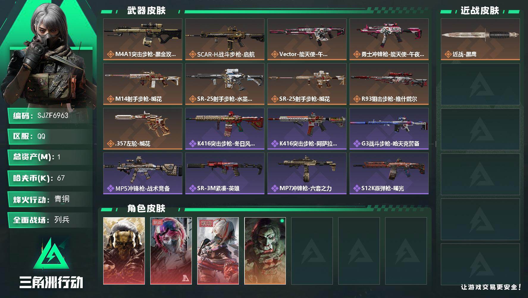 三角洲行动账号QQ【SJZF6963】总资产(M)：1M/哈夫币(K)：67K/哈夫币(K)：67K/传说枪皮数：9/