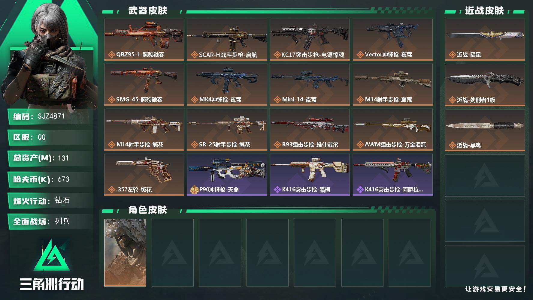 三角洲行动账号QQ【SJZ4871】总资产(M)：131M/哈夫币(K)：673K/哈夫币(K)：673K/传说枪皮数：13/全面战场等级：15_段位：列兵/烽火地带等级：60_段位：钻石/乌鲁鲁-荒原猎手/近战-暗
