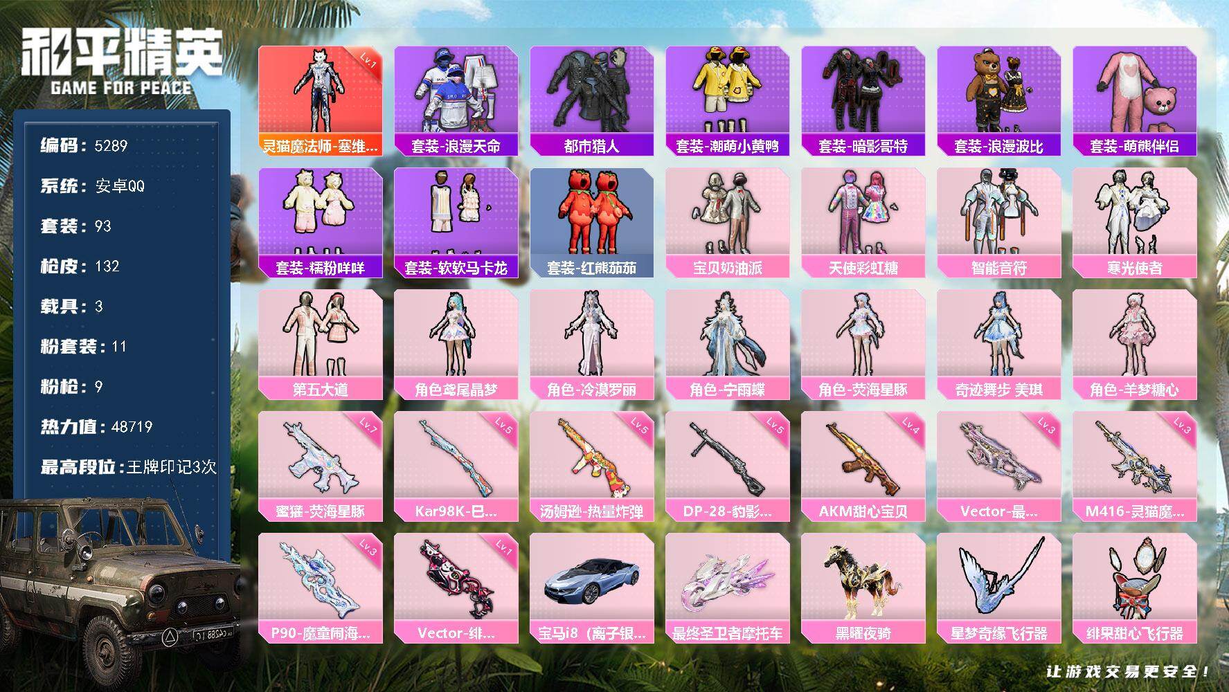 和平精英账号安卓QQ93套装/枪械9/装备180/载具3/战备101/王牌印记3/热力值48719/四级AKM-甜心宝贝