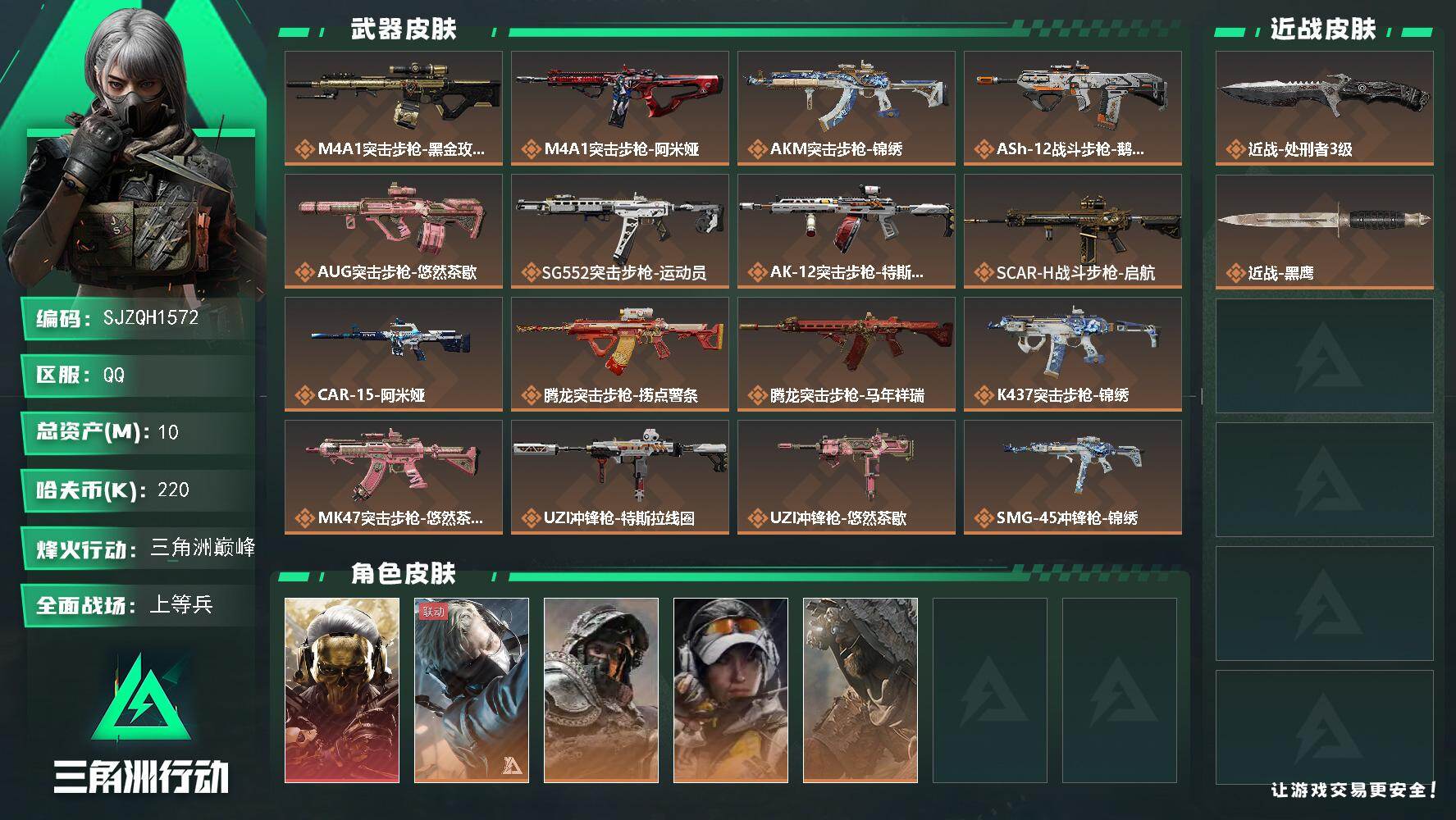 三角洲行动账号QQ【SJZQH1572】总资产(M)：10M/哈夫币(K)：220K/哈夫币(K)：220K/传说枪皮数：31/全面战场等级：25_段位：上等兵/烽火地带等级：60_段位：三角洲巅峰/红狼-蚀金玫瑰/