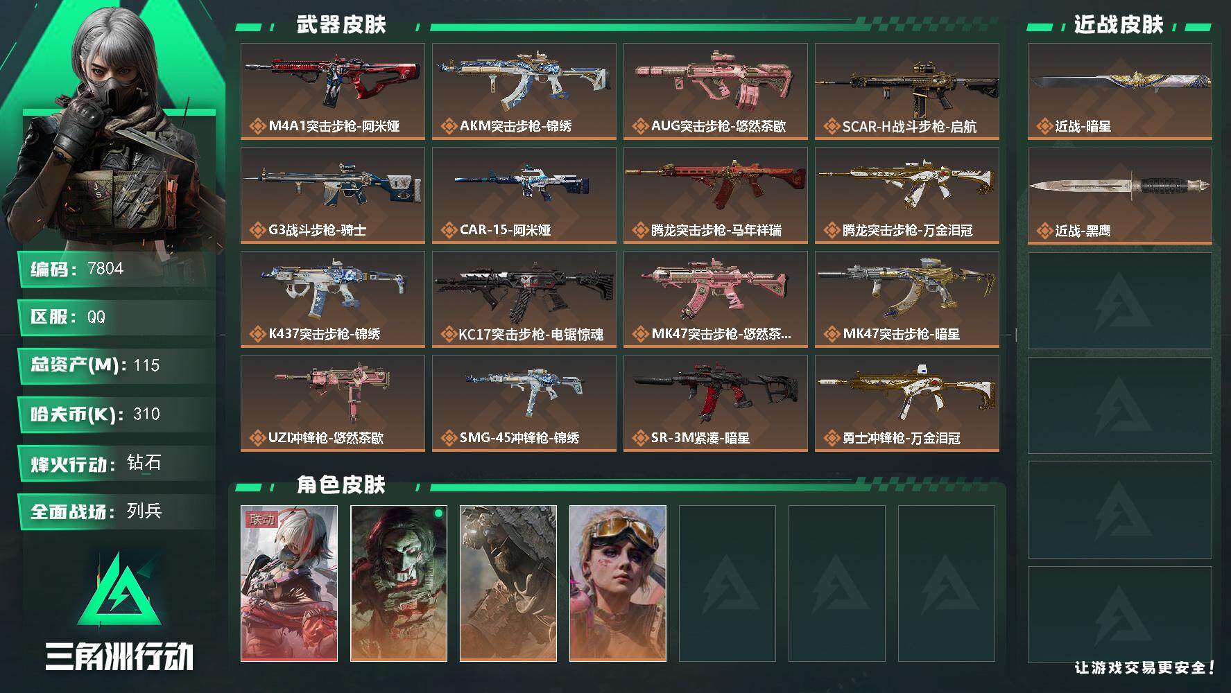 三角洲行动账号QQ总资产(M)：115M/哈夫币(K)：310K/哈夫币(K)：310K/传说枪皮数：24/全面战场等级：24_段位：列兵/烽火地带等级：60_段位：钻石/骇爪-维什戴尔/红狼-电锯惊魂/乌鲁鲁-荒原猎