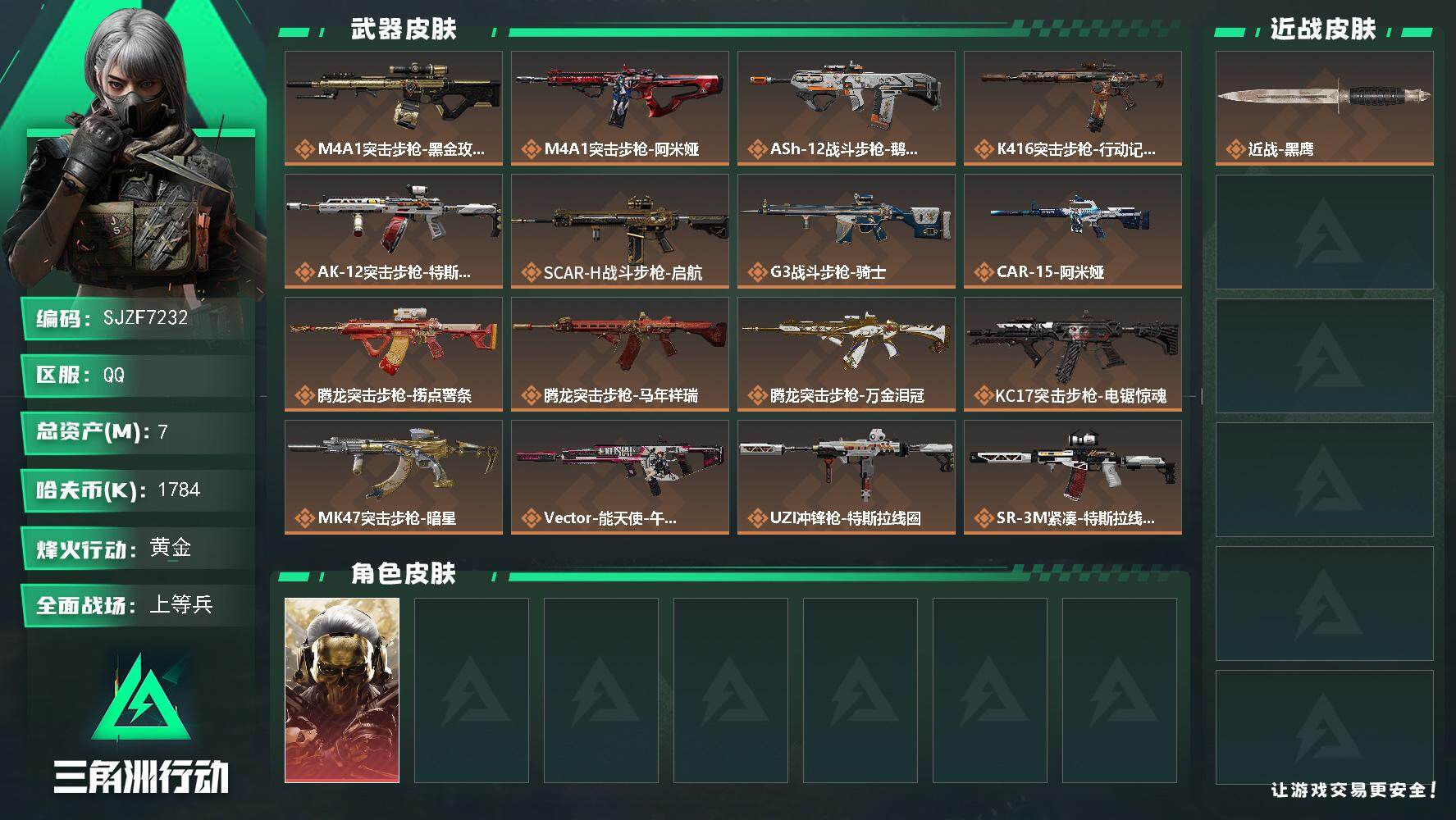 三角洲行动账号QQ【SJZF7232】总资产(M)：7M/哈夫币(K)：1784K/哈夫币(K)：1784K/传说枪皮数：26/全面战场等级：46_段位：上等兵/烽火地带等级：50_段位：黄金/红狼-蚀金玫瑰/近战-