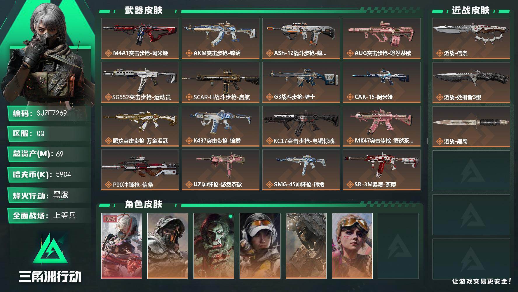 三角洲行动账号QQ【SJZF7269】总资产(M)：69M/哈夫币(K)：5904K/哈夫币(K)：5904K/传说枪皮数：24/全面战场等级：21_段位：上等兵/烽火地带等级：60_段位：黑鹰/骇爪-维什戴尔/深蓝