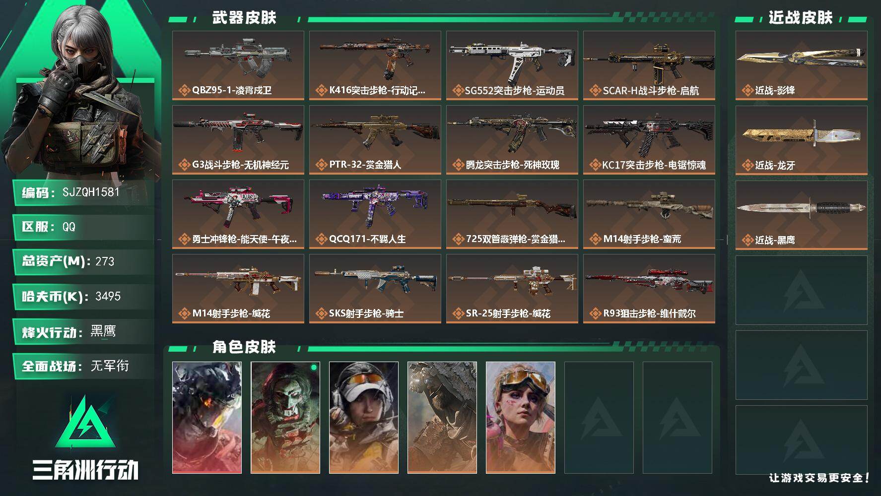 三角洲行动账号QQ【SJZQH1581】总资产(M)：273M/哈夫币(K)：3495K/哈夫币(K)：3495K/传说枪皮数：18/全面战场等级：5_段位：无段位/烽火地带等级：60_段位：黑鹰/威龙-凌霄戍卫/红