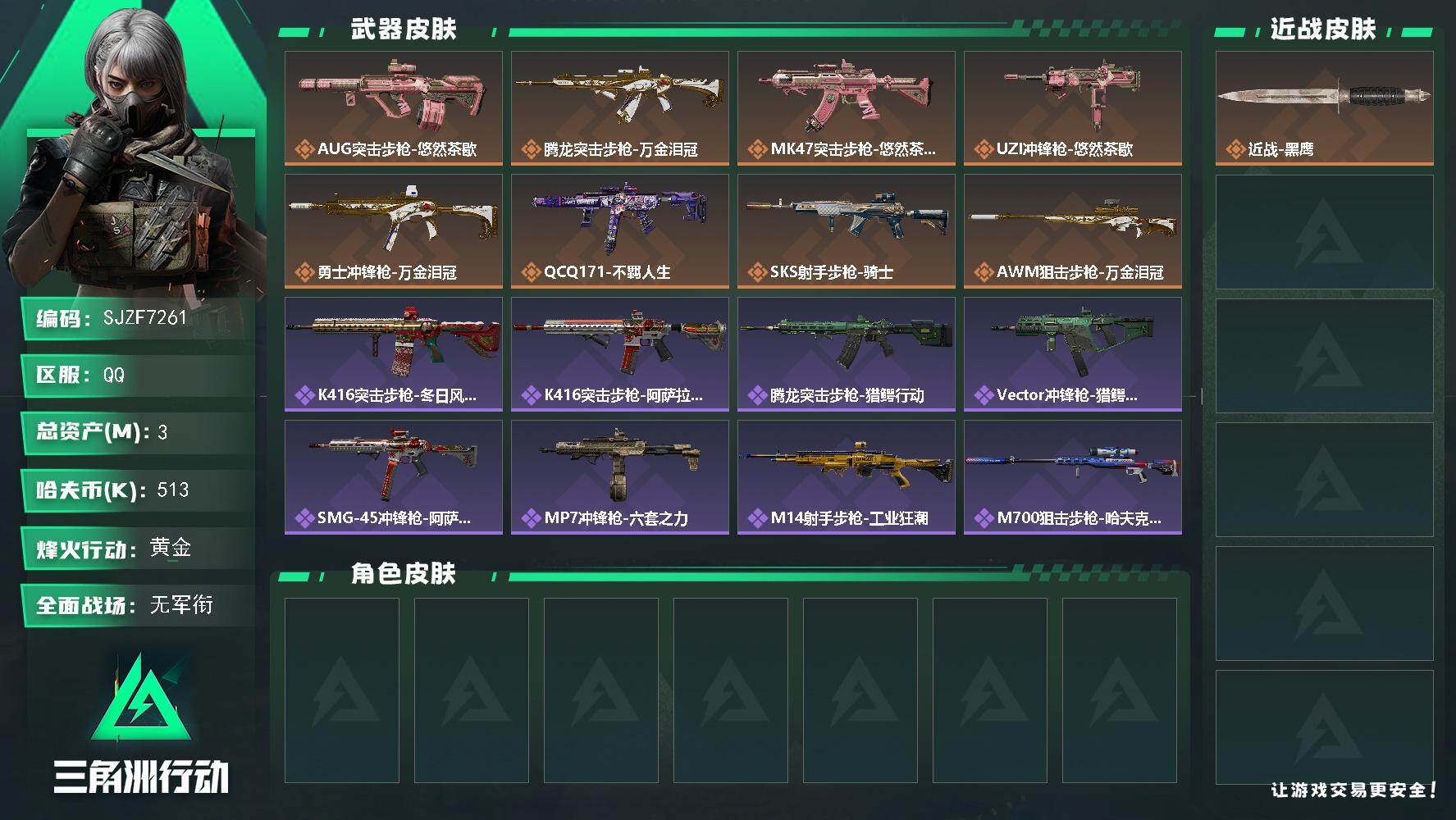 三角洲行动账号QQ【SJZF7261】总资产(M)：3M/哈夫币(K)：513K/哈夫币(K)：513K/传说枪皮数：8/全面战场等级：1_段位：无段位/烽火地带等级：60_段位：黄金/近战-黑鹰/AUG突击步枪-悠