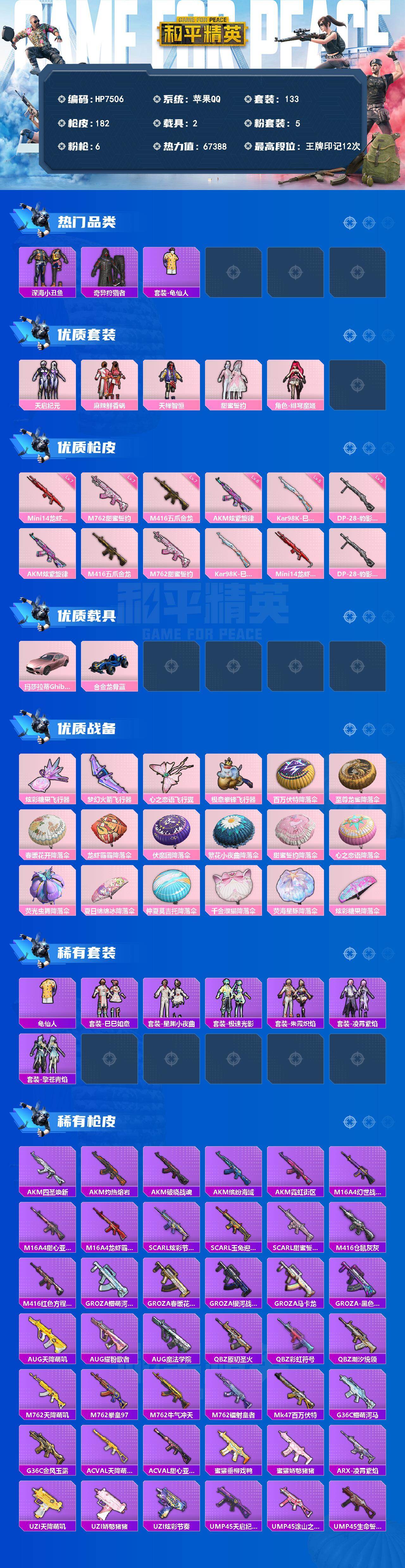 和平精英账号苹果QQM4五爪金龙7级/深海小丑鱼/奇异狩猎者/老六服/龟仙人/萌神柯基/青涩年华/仓鼠灰灰/甜蜜誓约/天启纪元/麻辣鲜香锅/天禅智恒/绯穹魔姬/M762甜蜜誓约7级/AK炫紫旋律6级/98K巳巳如意5级/