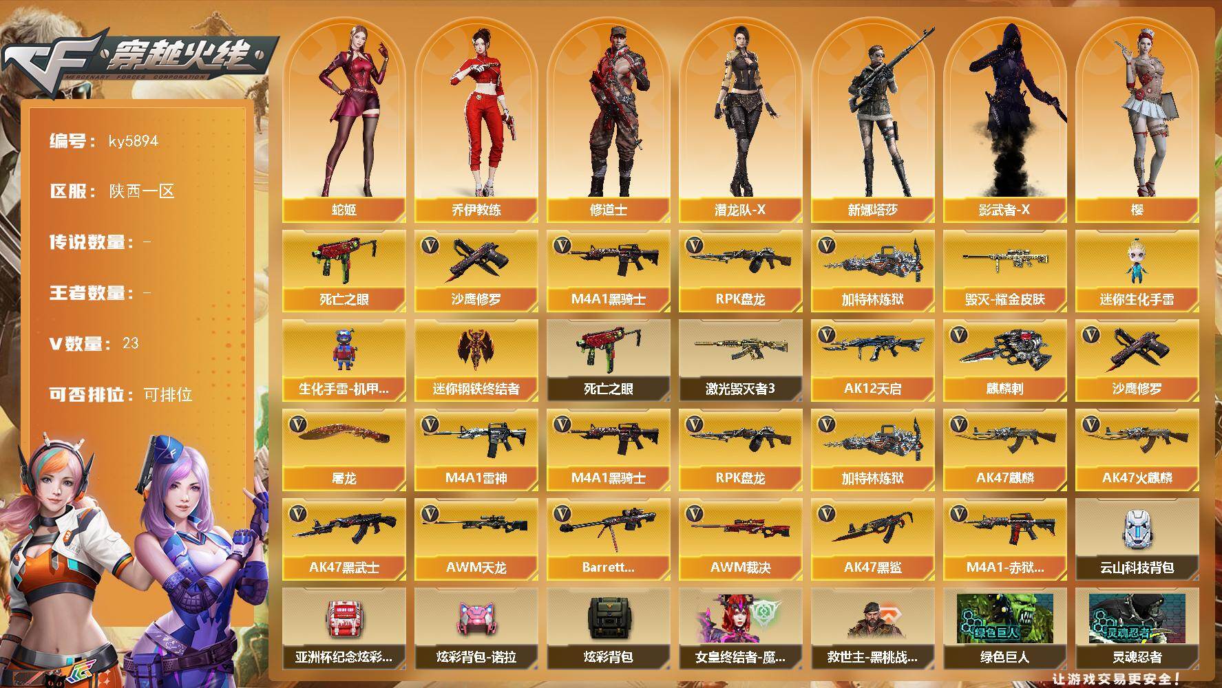 穿越火线账号西部战区陕西一区[18294349]【ky5894】陕西一区-23V-0王者武器数-0炫金武器数
【热门武器】：死亡之眼，M4A1-黑骑士，RPK-盘龙*2，加特林-炼狱，沙鹰-修罗
【皮肤】：毁灭耀金皮肤
【角色】