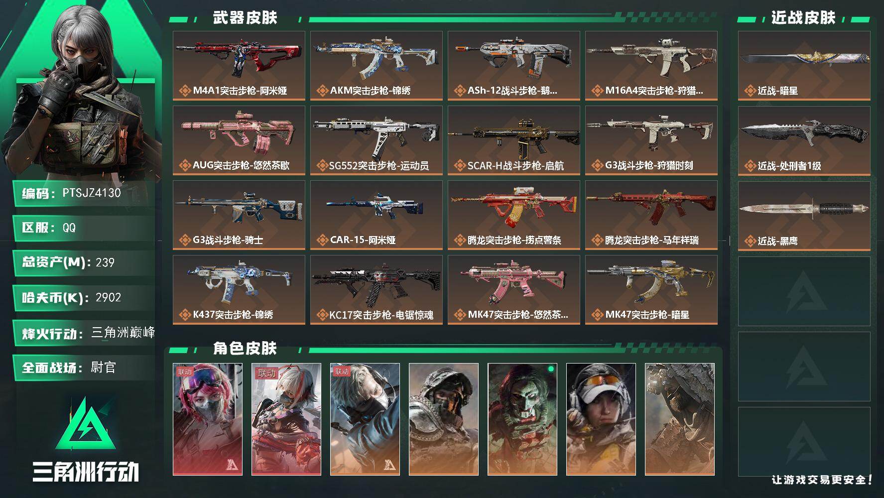 三角洲行动账号QQ【PTSJZ4130】总资产(M)：239M/哈夫币(K)：2902K/哈夫币(K)：2902K/传