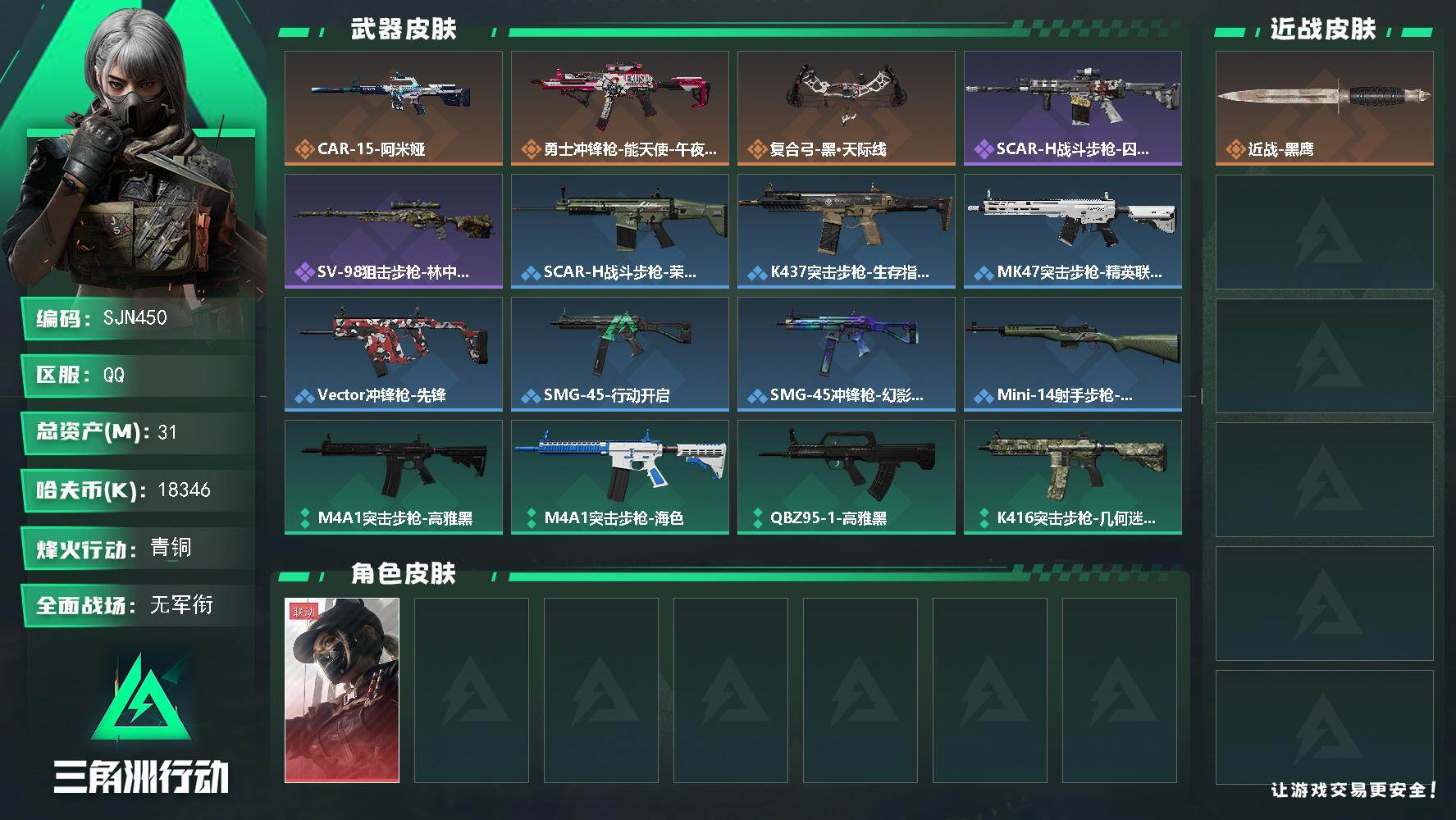 三角洲行动账号QQ【SJN450】总资产(M)：31M/哈夫币(K)：18346K/哈夫币(K)：18346K/传说枪