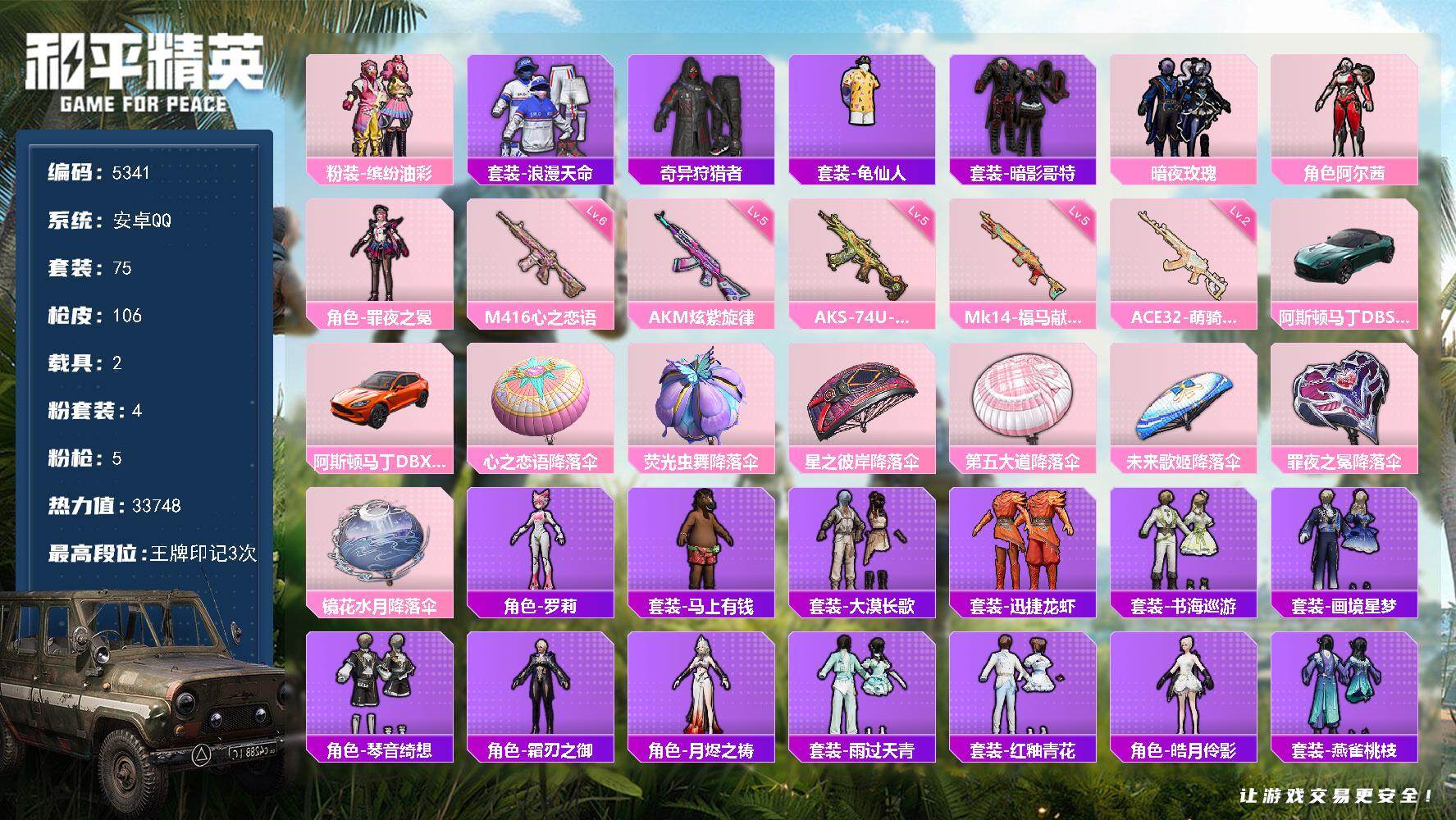 和平精英账号安卓QQ75套装/枪械5/装备98/载具2/战备70/王牌印记3/热力值33748/五级AKM-炫紫旋律/六