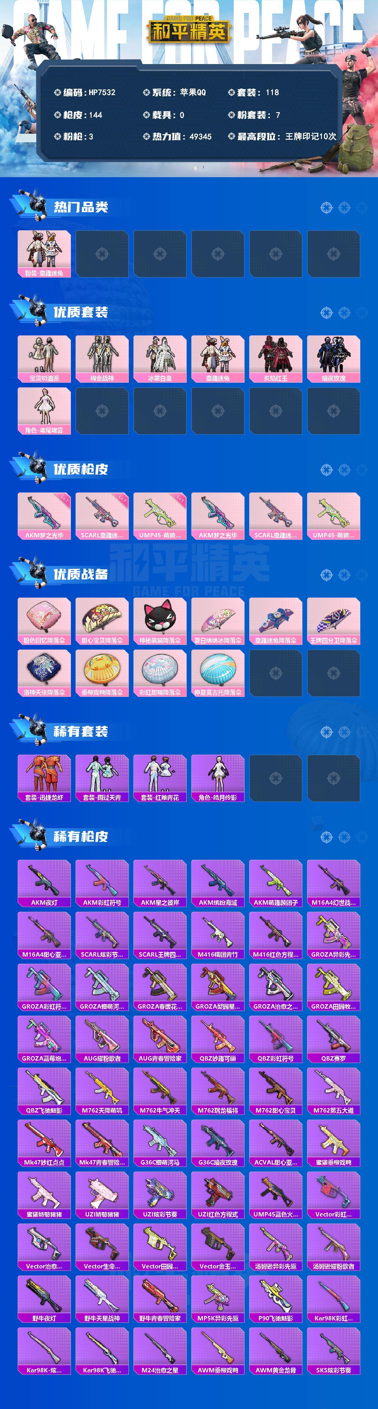 和平精英账号苹果QQ公主号-童趣迷兔/宝贝奶油派/绚金战神/冰霜白皇/炙焰红王/暗夜玫瑰/鸢尾珑雾/AKM梦之光华七级/SCARL童趣迷兔七级/UMP45萌骑冒险一级（7粉装-3粉枪）没战神框HP7532-0载具-0粉色
