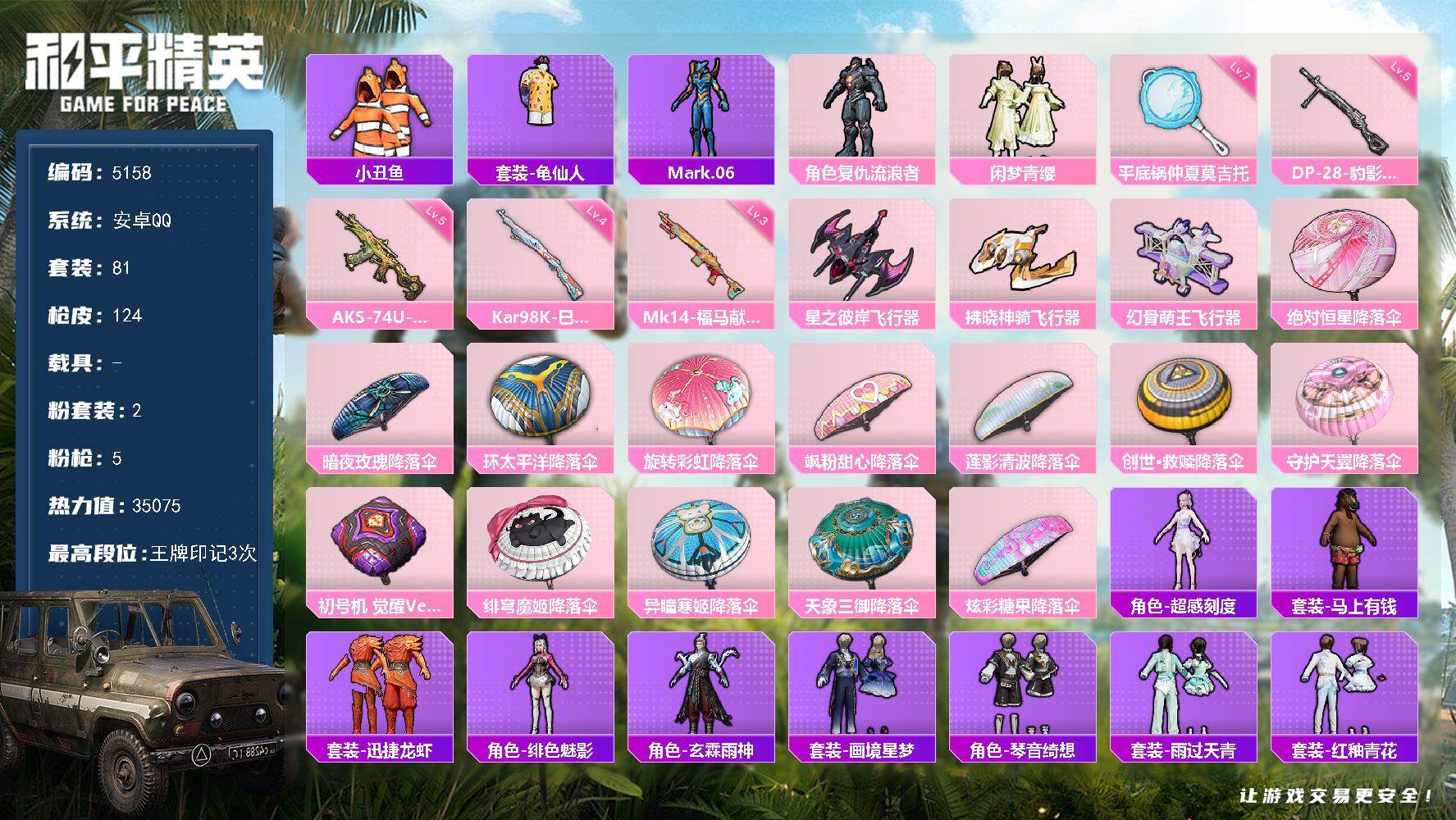和平精英账号安卓QQ81套装/枪械5/装备142/战备83/王牌印记3/热力值35075/五级AKS-74U-森灵之息/