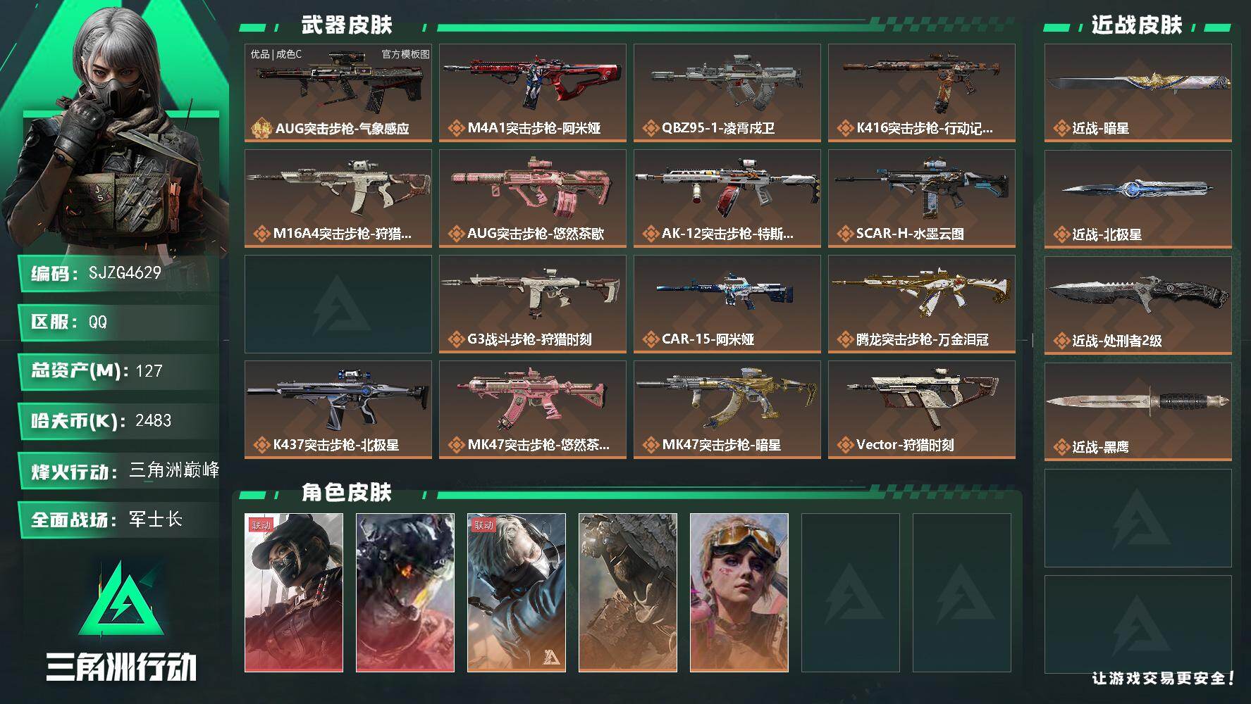 三角洲行动账号QQ【SJZG4629】总资产(M)：127M/哈夫币(K)：2483K/哈夫币(K)：2483K/传说枪皮数：30/全面战场等级：28_段位：军士长/烽火地带等级：60_段位：三角洲巅峰/露娜-黑·天
