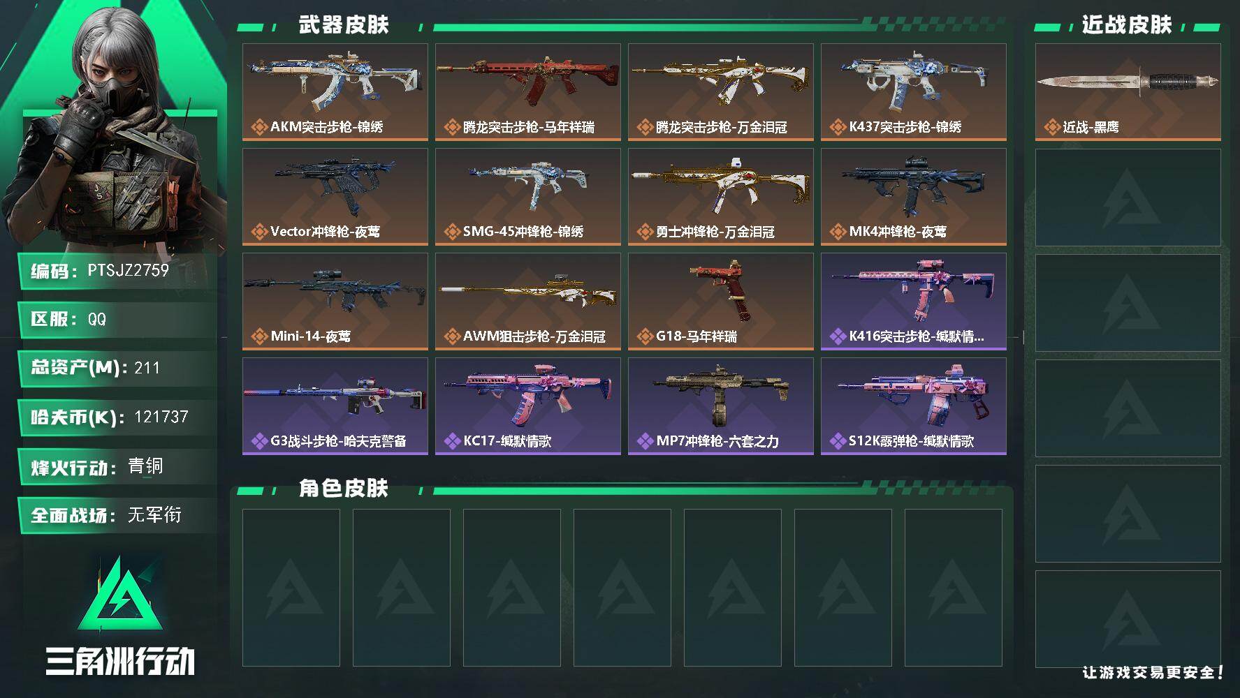 三角洲行动账号QQ【PTSJZ2759】总资产(M)：211M/哈夫币(K)：121737K/哈夫币(K)：12173