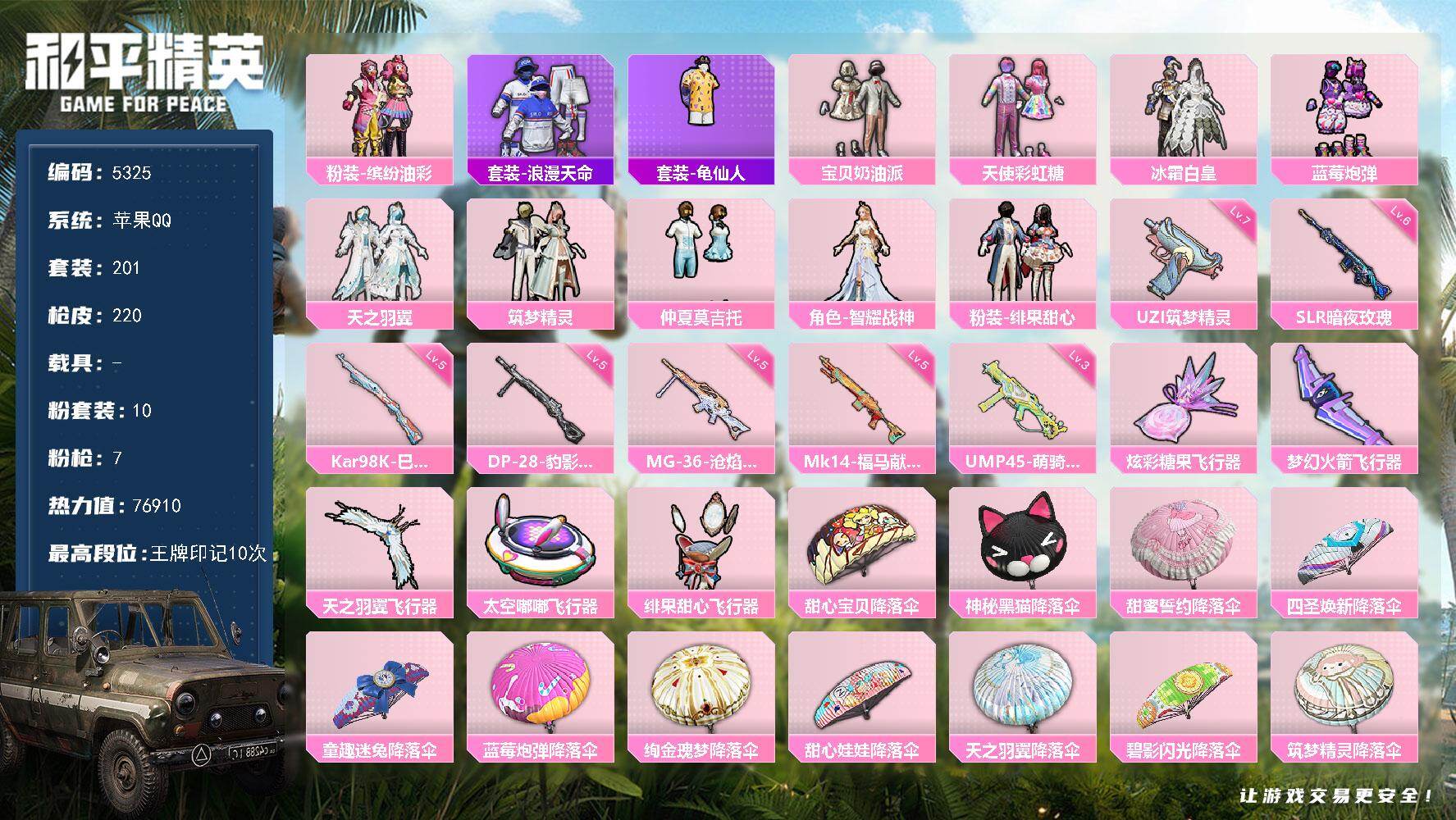 和平精英账号苹果QQ201套装/枪械7/装备341/战备175/王牌印记10/热力值76910/七级UZI-筑梦精灵/三