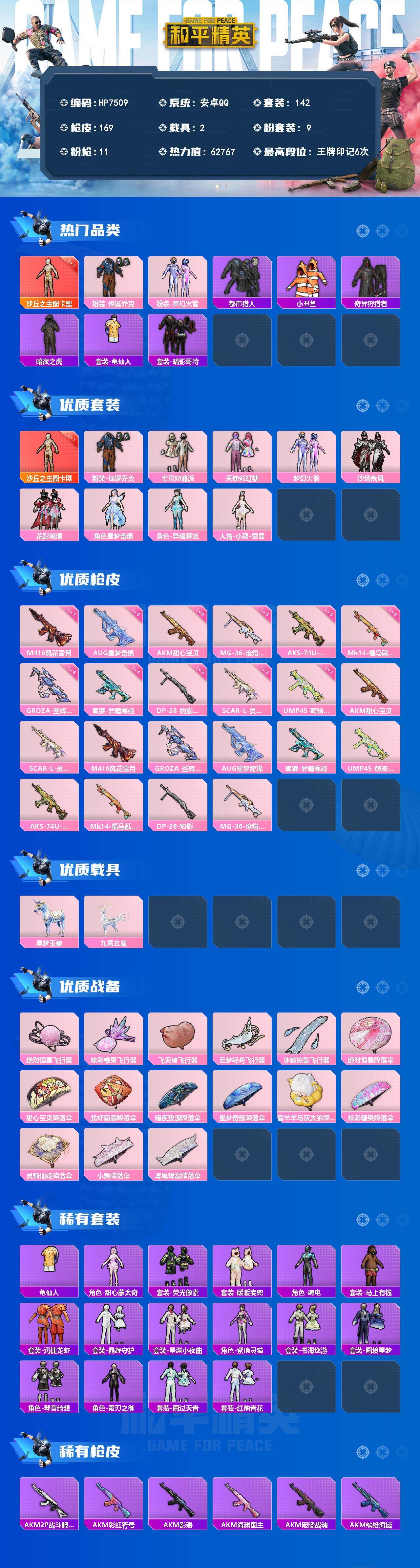 和平精英账号安卓QQ素材号-沙丘之主图卡盟一级/小丑/AUG星梦六级/火箭少女/都市/小丑鱼/奇异狩猎者/暗夜之虎/红眼罩/宝贝奶油派/天使彩虹糖/沙场疾风/花影阑珊/星梦奇缘/异瞳寒姬/小舞雪昙/AKM甜心宝贝六级/S