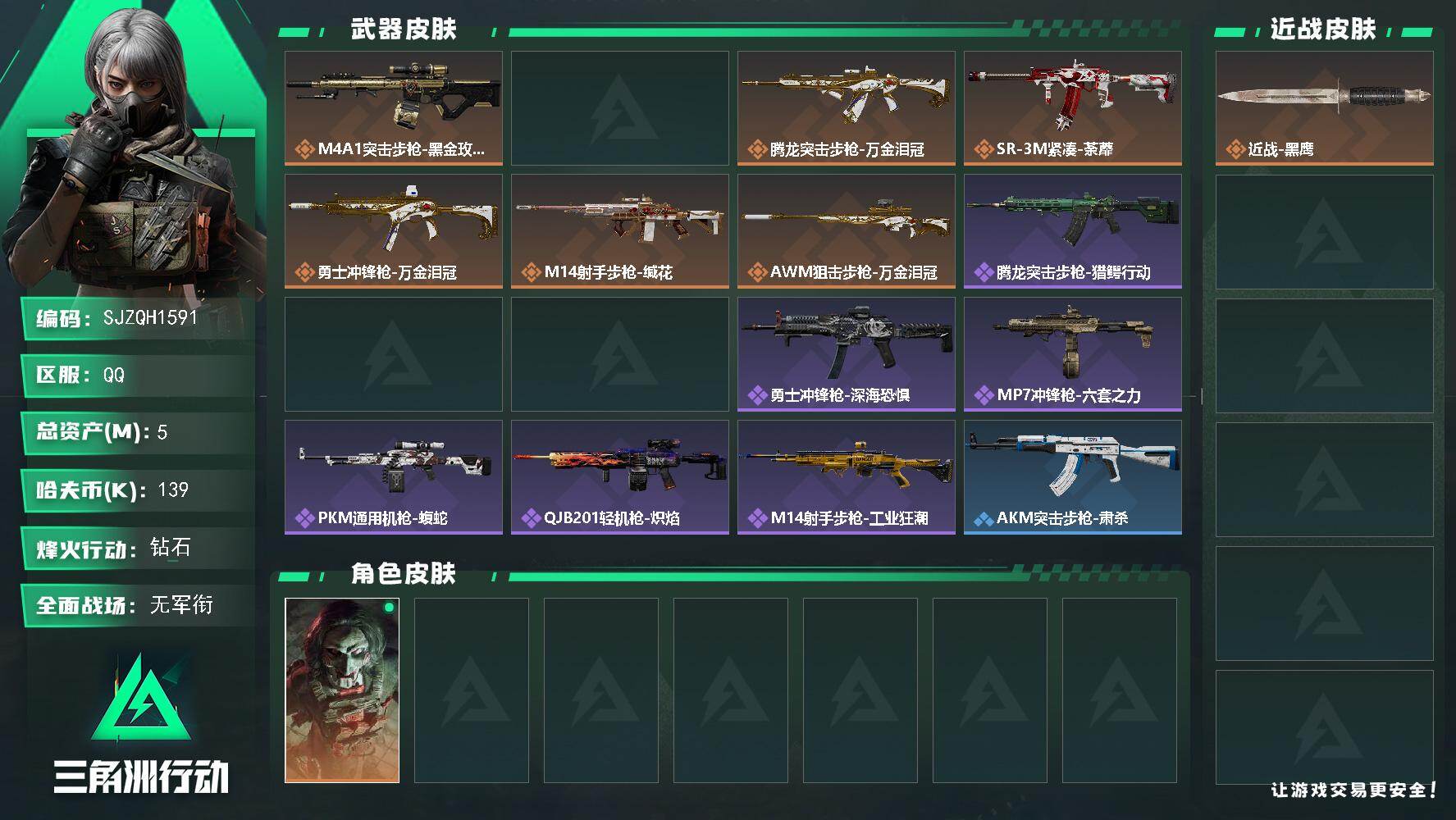 三角洲行动账号QQ【SJZQH1591】总资产(M)：5M/哈夫币(K)：139K/哈夫币(K)：139K/传说枪皮数：7/全面战场等级：2_段位：无段位/烽火地带等级：60_段位：钻石/红狼-电锯惊魂/近战-黑鹰/