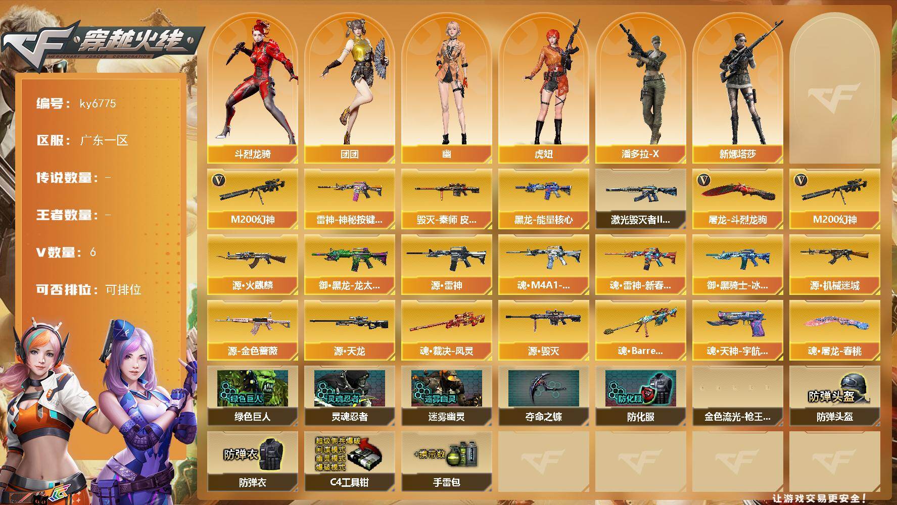 穿越火线账号南部战区广东一区[18302166]【ky6775】广东一区-6V-0王者武器数-0炫金武器数
【热门武器】：M200-幻神
【皮肤】：雷神-神秘按键 皮肤，毁灭-秦师 皮肤，黑龙-能量核心
【角色】：斗烈龙骑，虎妞