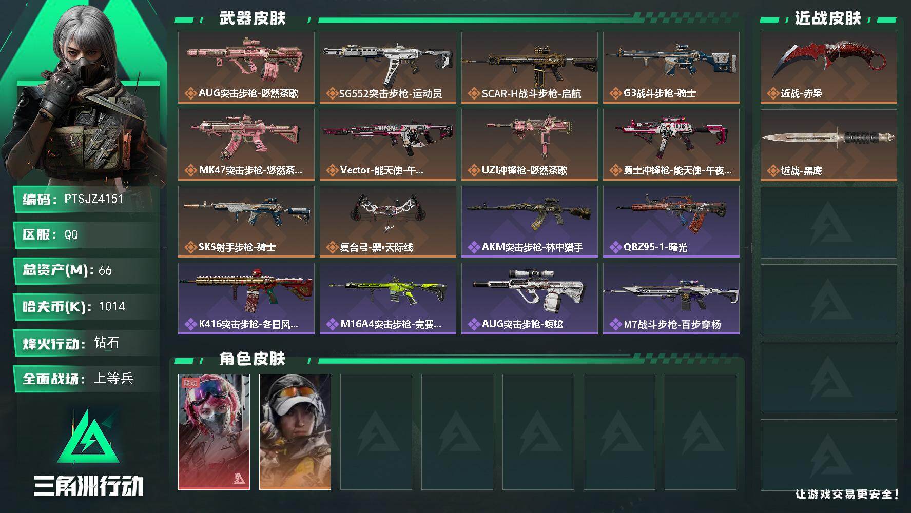 三角洲行动账号QQ【PTSJZ4151】总资产(M)：66M/哈夫币(K)：1014K/哈夫币(K)：1014K/传说