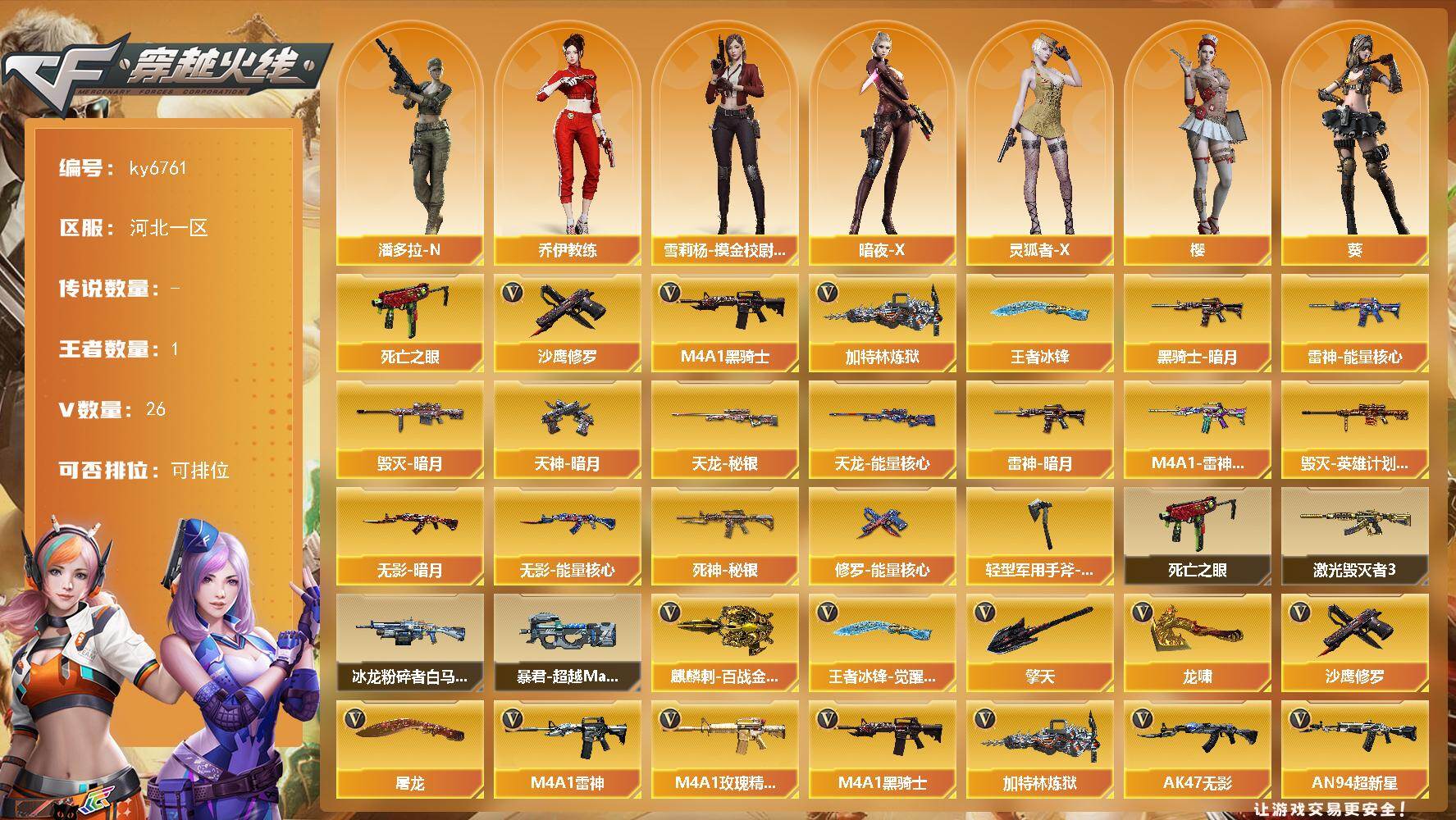 穿越火线账号北部战区河北一区[18303325]【ky6761】河北一区-25V-1王者武器数-0炫金武器数
【热门武器】：死亡之眼*2，M4A1-黑骑士*2，加特林-炼狱*2，沙鹰-修罗*2
【王者炫金武器】：王者冰锋
【皮肤