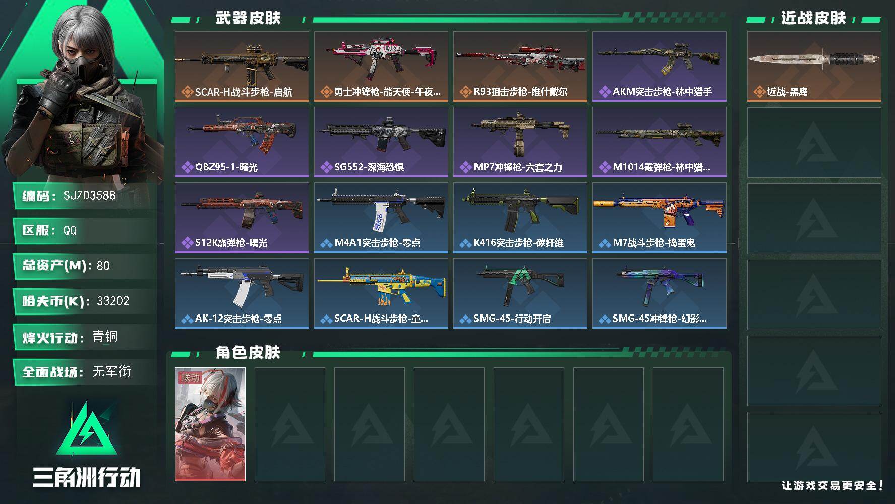 三角洲行动账号QQ【SJZD3588】总资产(M)：80M/哈夫币(K)：33202K/哈夫币(K)：33202K/传说枪皮数：3/全面战场等级：1_段位：无段位/烽火地带等级：47_段位：青铜/骇爪-维什戴尔/近战