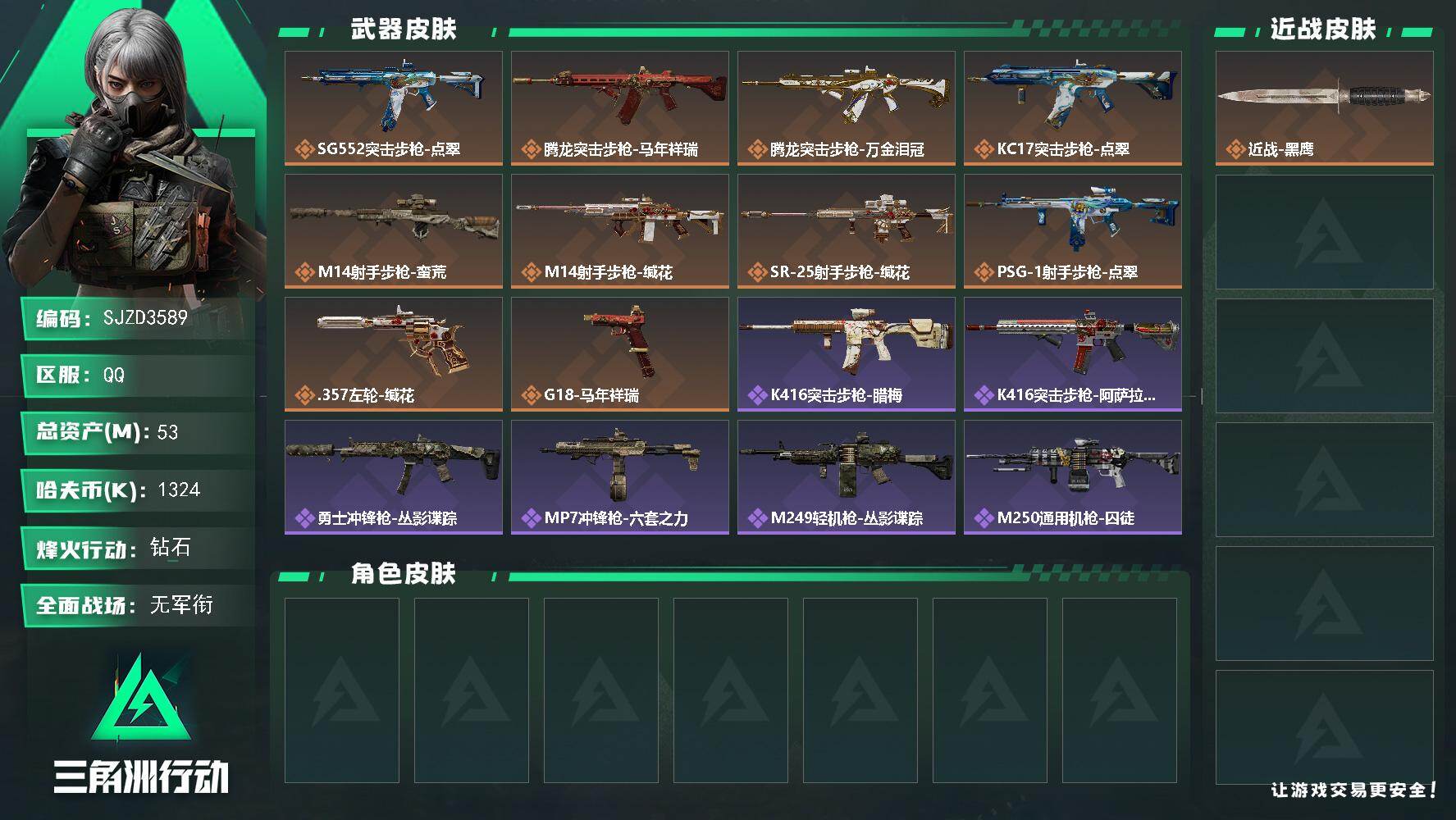三角洲行动账号QQ【SJZD3589】总资产(M)：53M/哈夫币(K)：1324K/哈夫币(K)：1324K/传说枪皮数：10/全面战场等级：5_段位：无段位/烽火地带等级：60_段位：钻石/近战-黑鹰/SG552