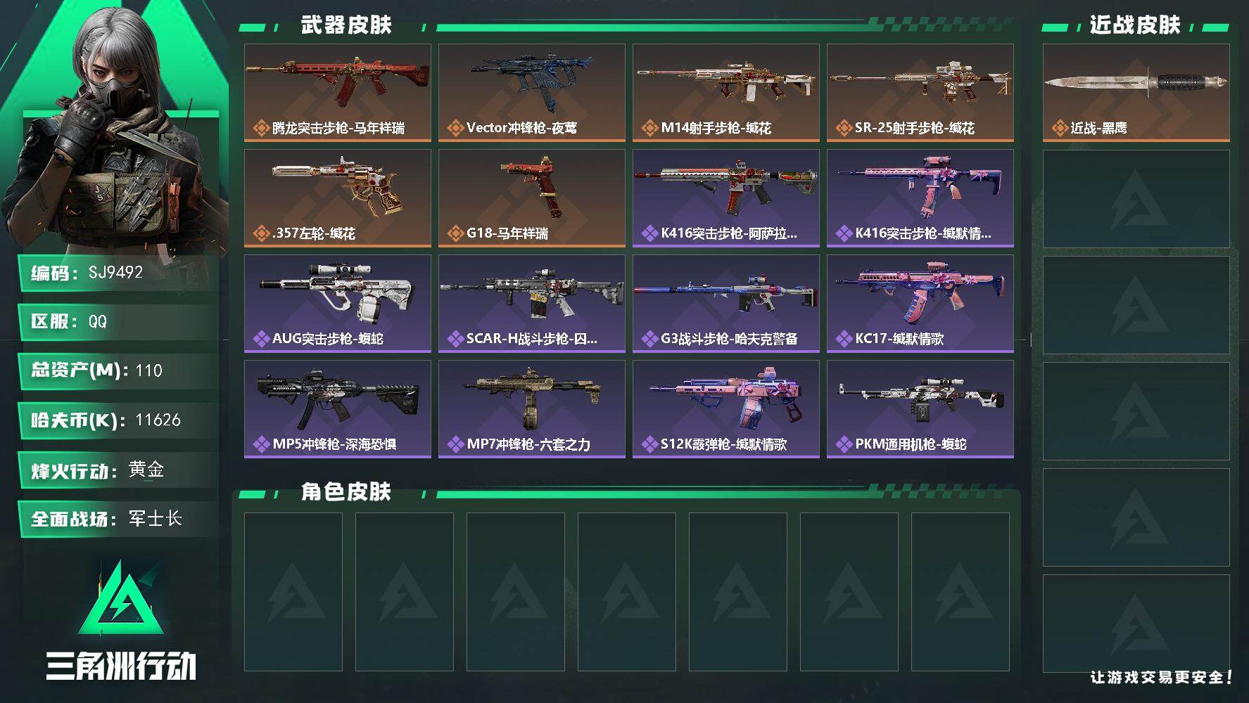 三角洲行动账号QQ【SJ9492】总资产(M)：110M/哈夫币(K)：11626K/哈夫币(K)：11626K/传说枪皮数：6/全面战场等级：19_段位：军士长/烽火地带等级：60_段位：黄金/近战-黑鹰/腾龙突击