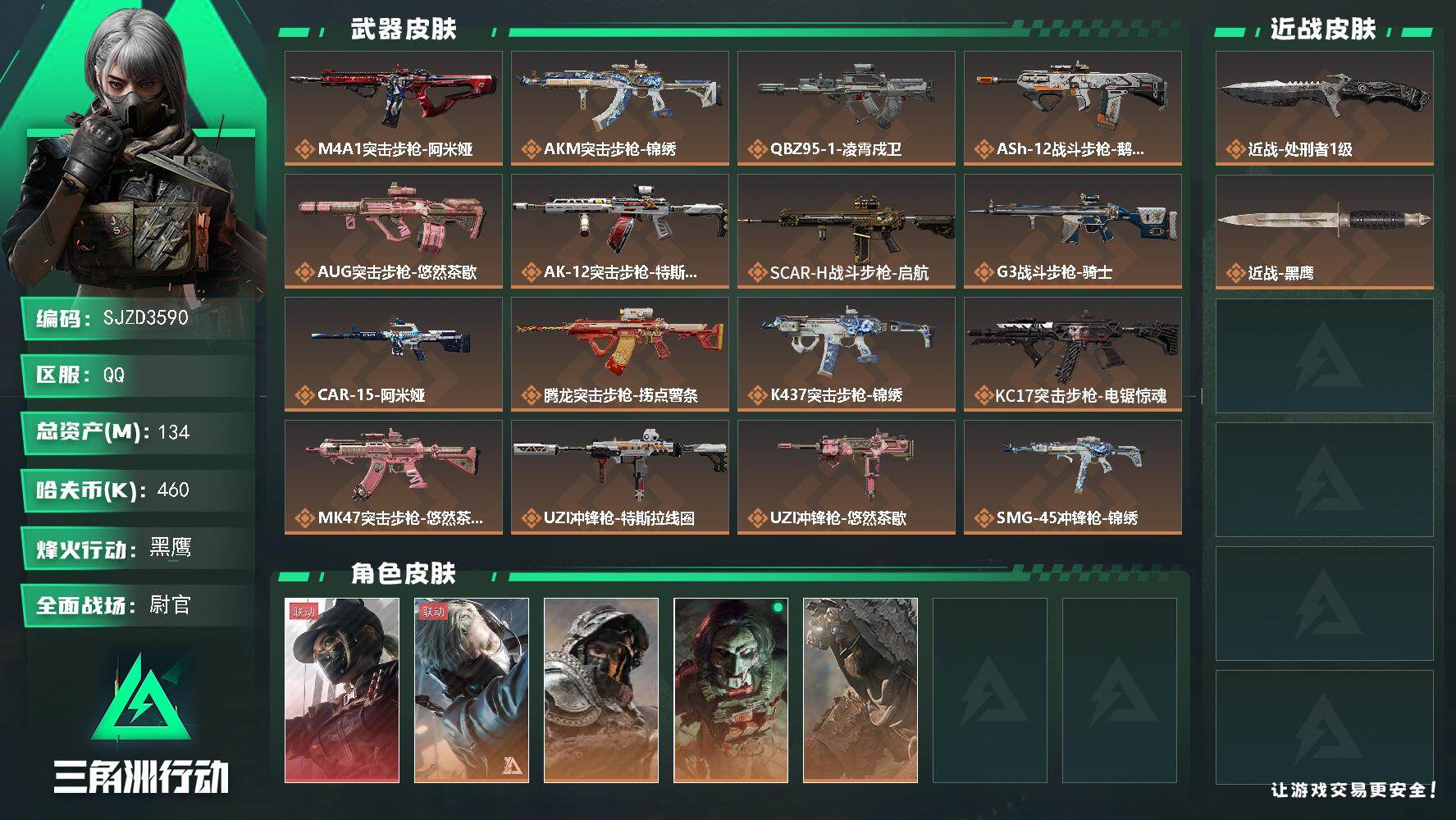 三角洲行动账号QQ【SJZD3590】总资产(M)：134M/哈夫币(K)：460K/哈夫币(K)：460K/传说枪皮数：27/全面战场等级：50_段位：尉官/烽火地带等级：60_段位：黑鹰/露娜-黑·天际线/蜂医-