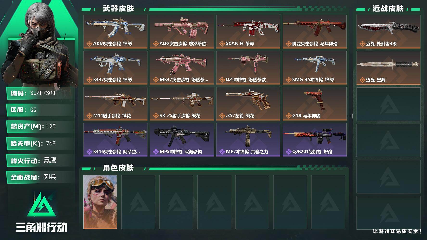 三角洲行动账号QQ【SJZF7303】总资产(M)：120M/哈夫币(K)：768K/哈夫币(K)：768K/传说枪皮数：12/全面战场等级：10_段位：列兵/烽火地带等级：60_段位：黑鹰/蛊-不羁人生/近战-处刑