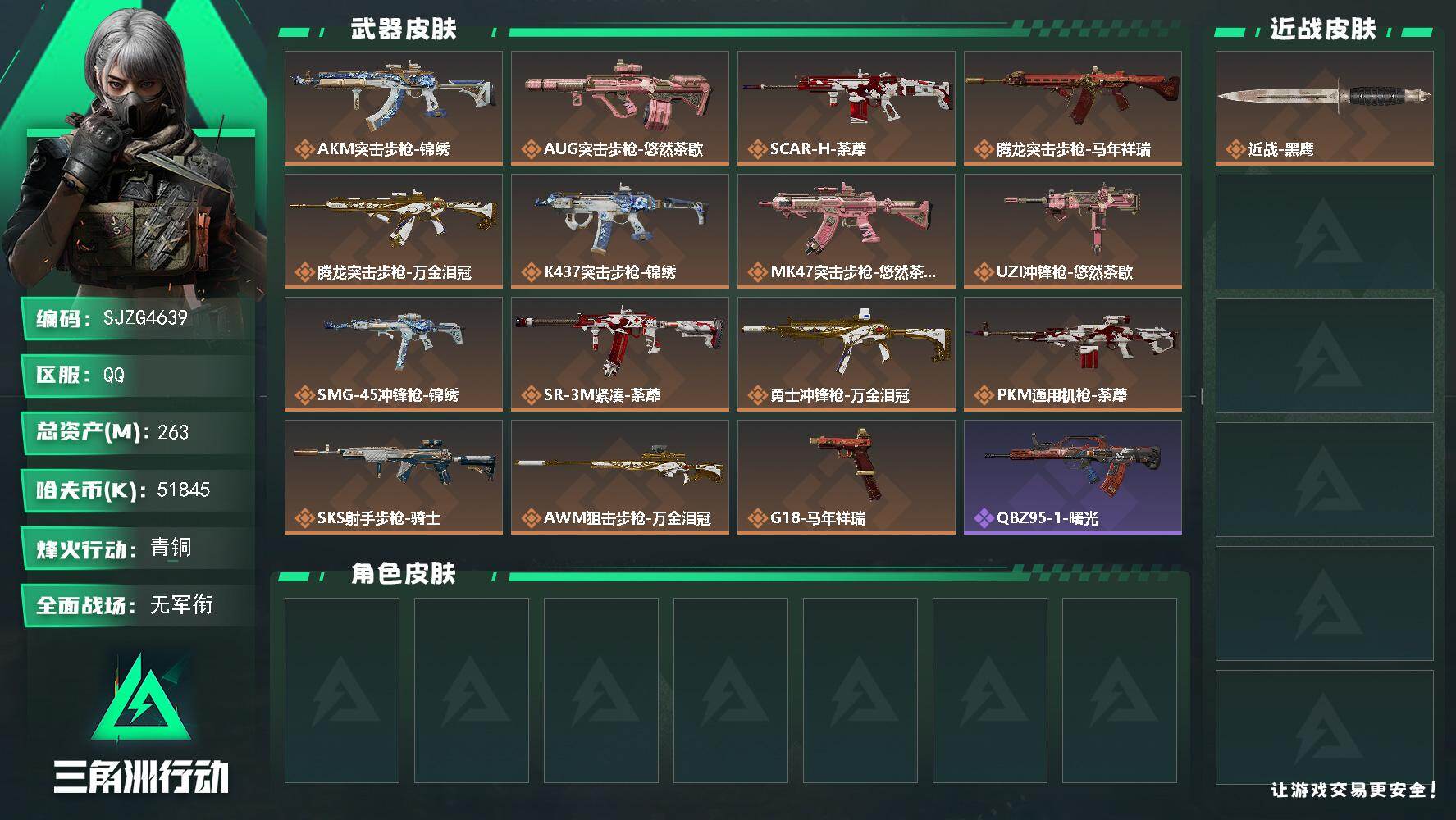 三角洲行动账号QQ【SJZG4639】总资产(M)：263M/哈夫币(K)：51845K/哈夫币(K)：51845K/传说枪皮数：15/全面战场等级：1_段位：无段位/烽火地带等级：53_段位：青铜/近战-黑鹰/AK