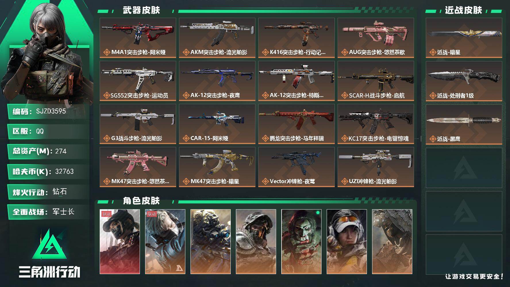 三角洲行动账号QQ【SJZD3595】总资产(M)：274M/哈夫币(K)：32763K/哈夫币(K)：32763K/传说枪皮数：33/全面战场等级：49_段位：军士长/烽火地带等级：60_段位：钻石/露娜-黑·天际