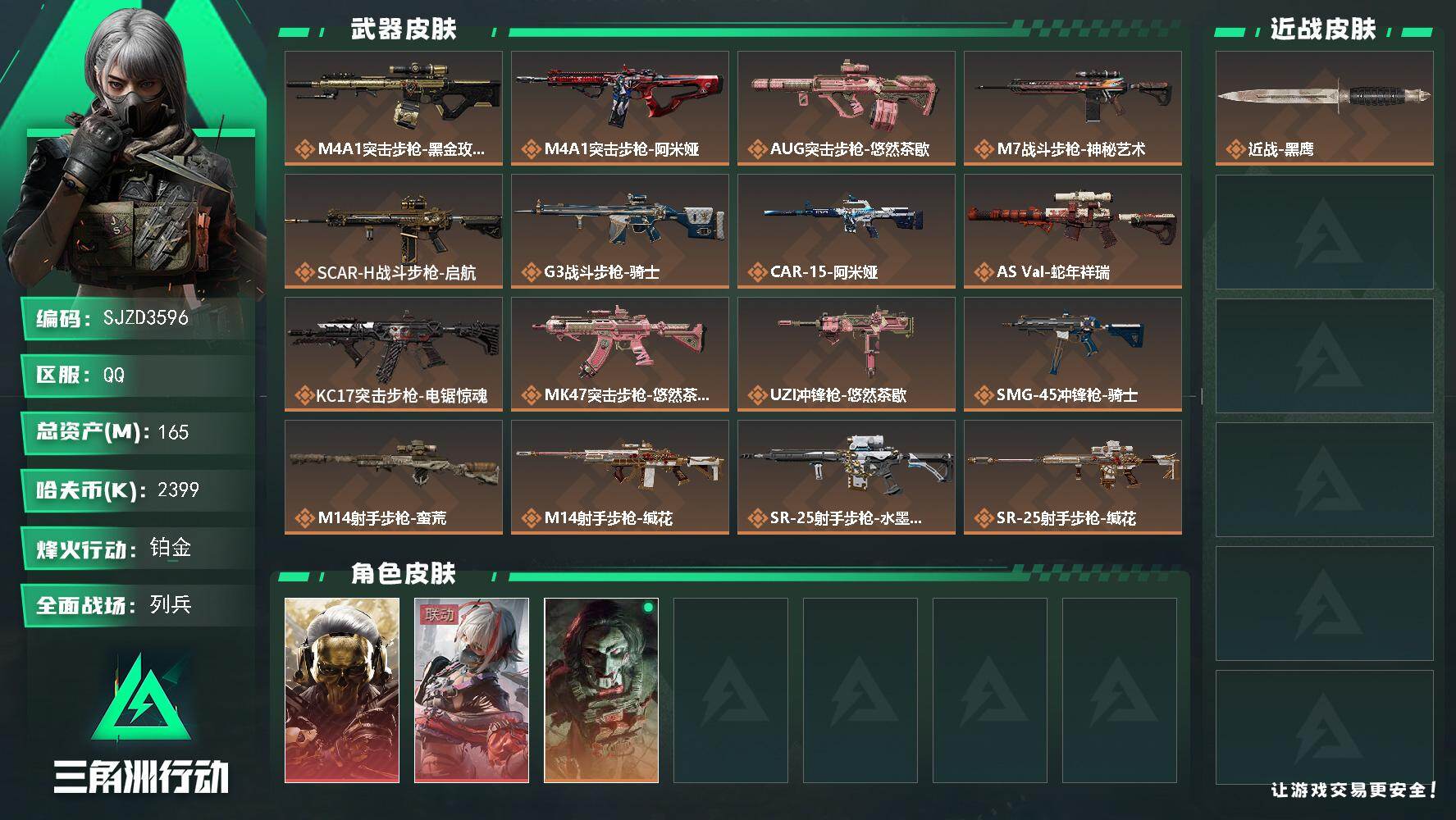 三角洲行动账号QQ【SJZD3596】总资产(M)：165M/哈夫币(K)：2399K/哈夫币(K)：2399K/传说枪皮数：18/全面战场等级：16_段位：列兵/烽火地带等级：60_段位：铂金/红狼-蚀金玫瑰/骇爪