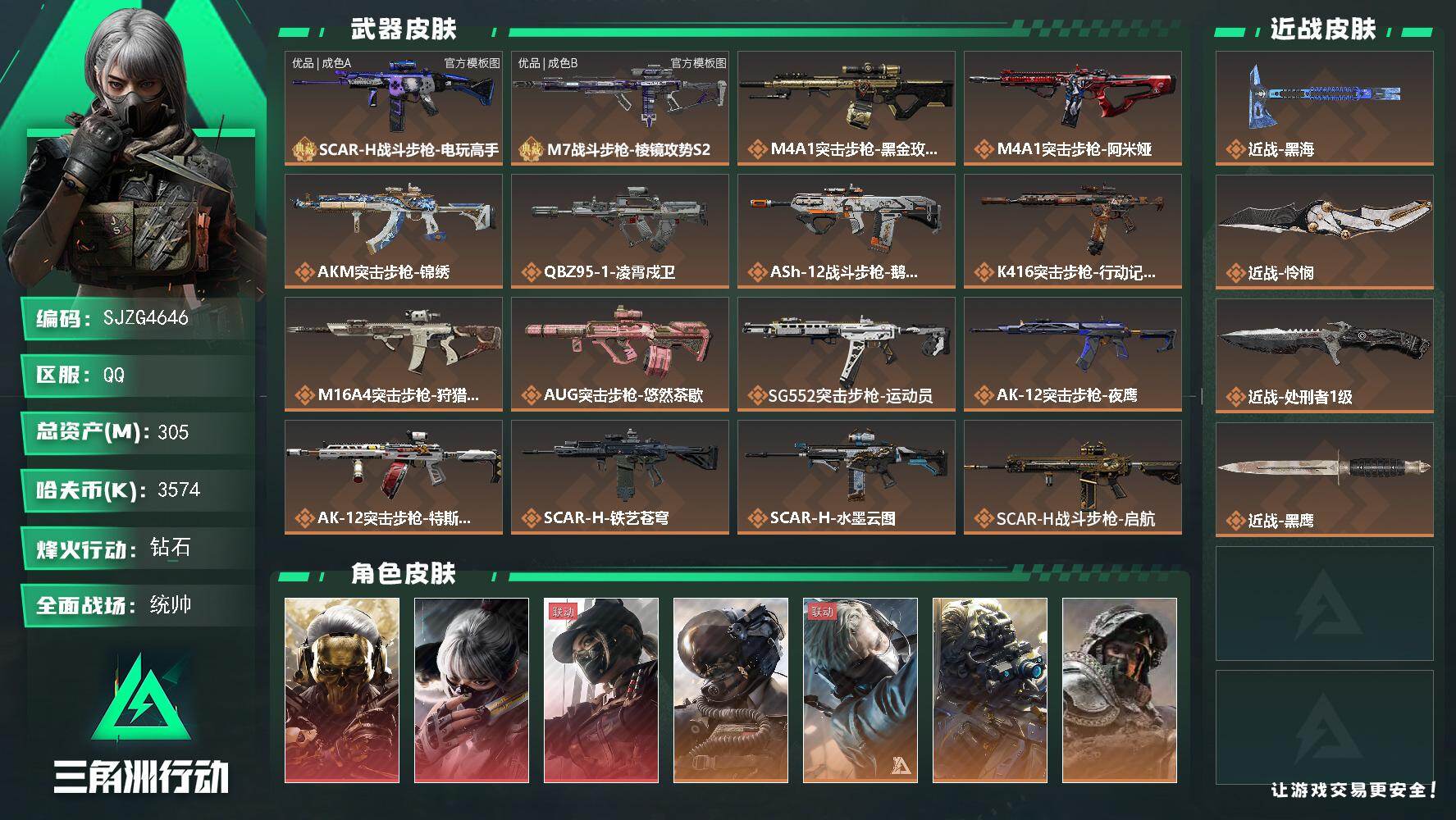 三角洲行动账号QQ【SJZG4646】总资产(M)：305M/哈夫币(K)：3574K/哈夫币(K)：3574K/传说枪皮数：47/全面战场等级：50_段位：统帅/烽火地带等级：60_段位：钻石/红狼-蚀金玫瑰/骇爪
