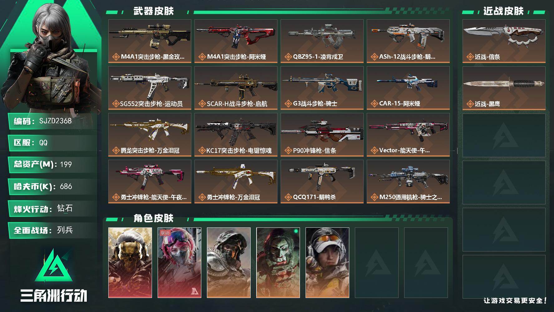 三角洲行动账号QQ【SJZD2368】总资产(M)：199M/哈夫币(K)：686K/哈夫币(K)：686K/传说枪皮数：20/全面战场等级：10_段位：列兵/烽火地带等级：60_段位：钻石/红狼-蚀金玫瑰/蛊-能天
