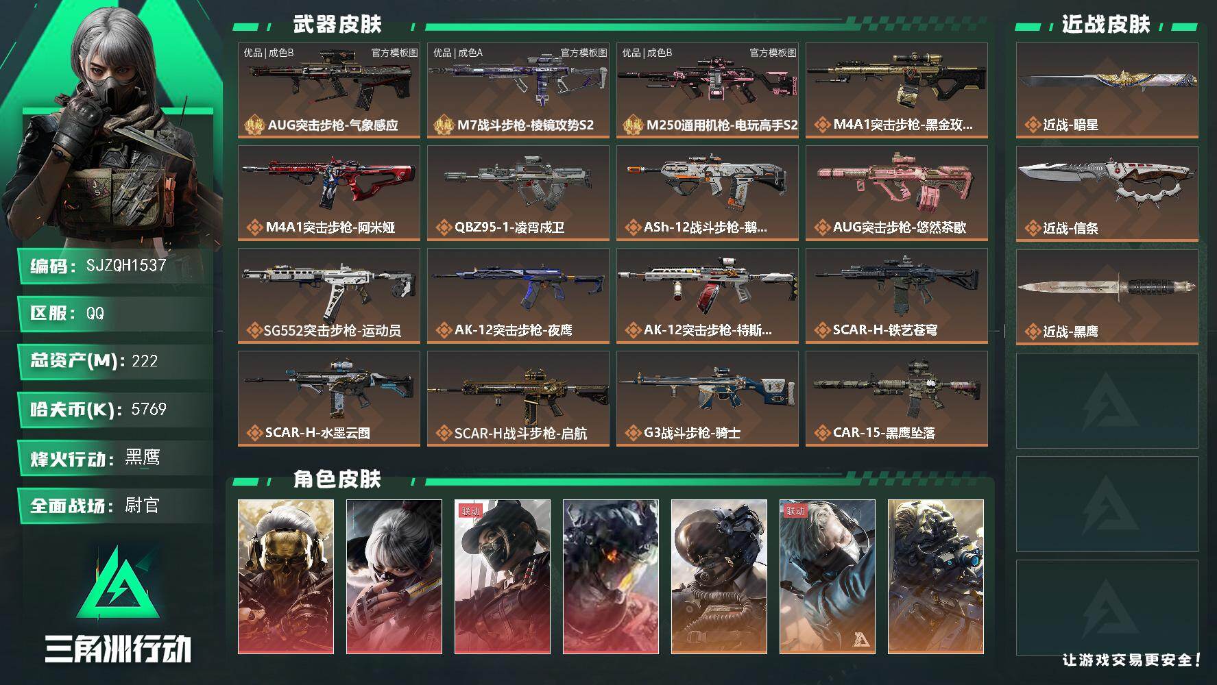 三角洲行动账号QQ【SJZQH1537】总资产(M)：222M/哈夫币(K)：5769K/哈夫币(K)：5769K/传说枪皮数：47/全面战场等级：50_段位：尉官/烽火地带等级：60_段位：黑鹰/红狼-蚀金玫瑰/骇