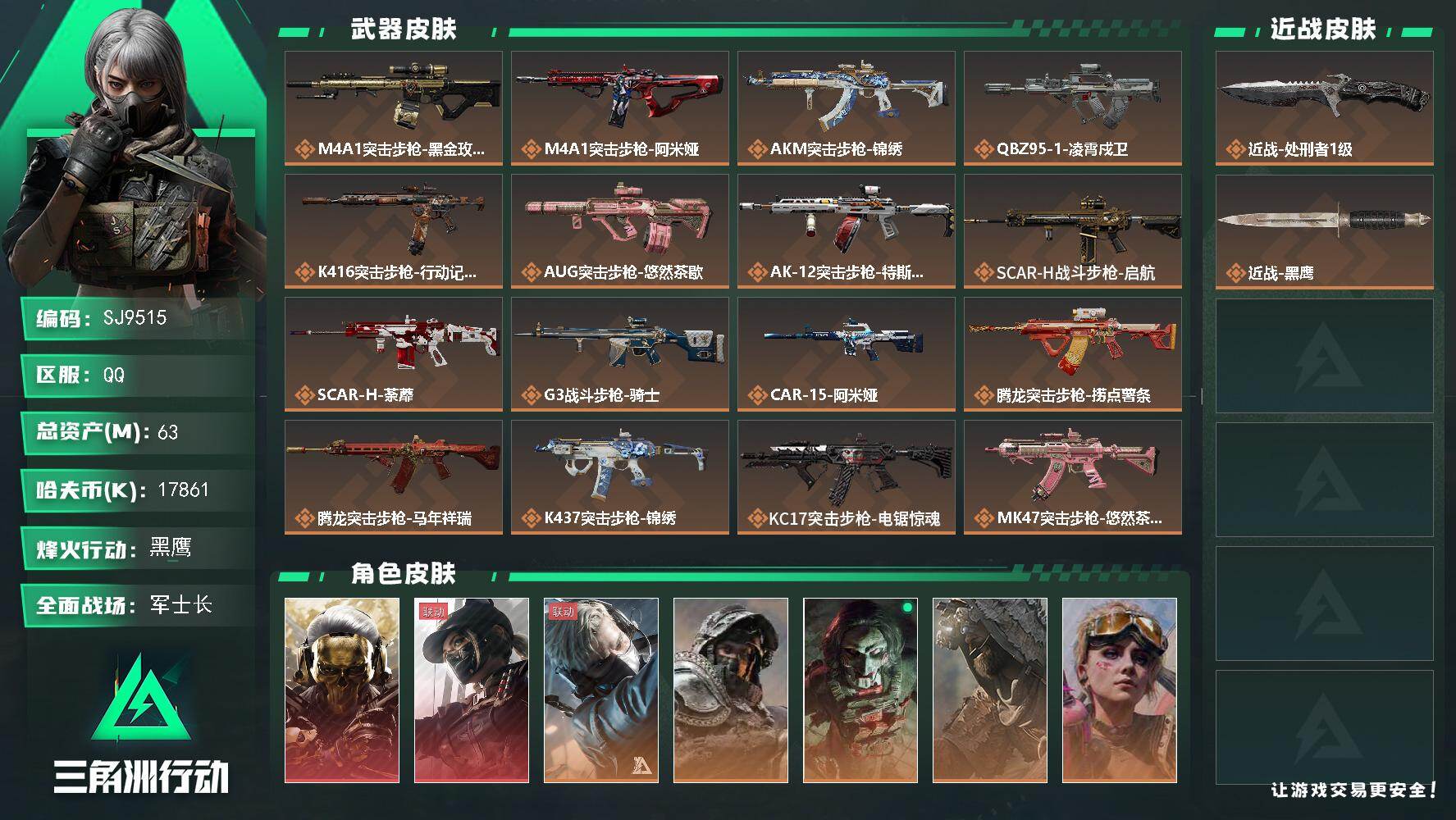 三角洲行动账号QQ【SJ9515】总资产(M)：63M/哈夫币(K)：17861K/哈夫币(K)：17861K/传说枪皮数：35/全面战场等级：34_段位：军士长/烽火地带等级：60_段位：黑鹰/红狼-蚀金玫瑰/露娜
