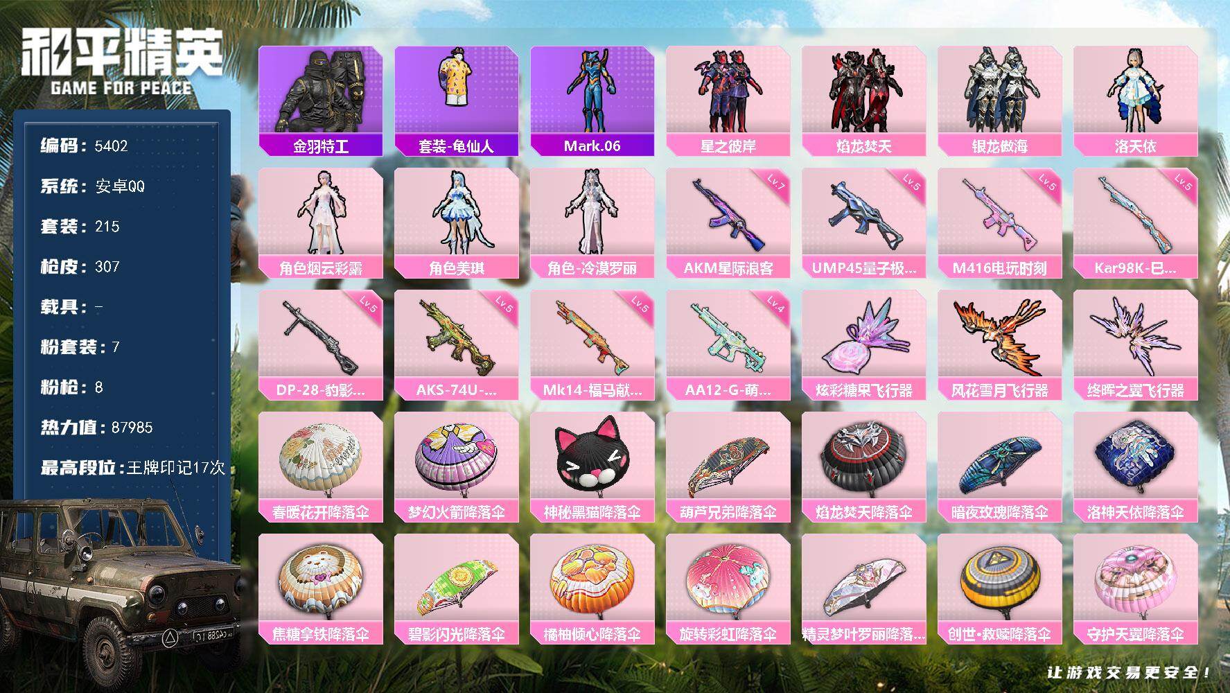 和平精英账号安卓QQ0载具-215套装-307枪皮-粉装7/粉枪8/珍稀飞行器,72266,/套装215/枪皮307/热力值87985/历史最高段位:王牌印记17次/Lv:67/七级AKM-星际浪客/五级M416-电玩时
