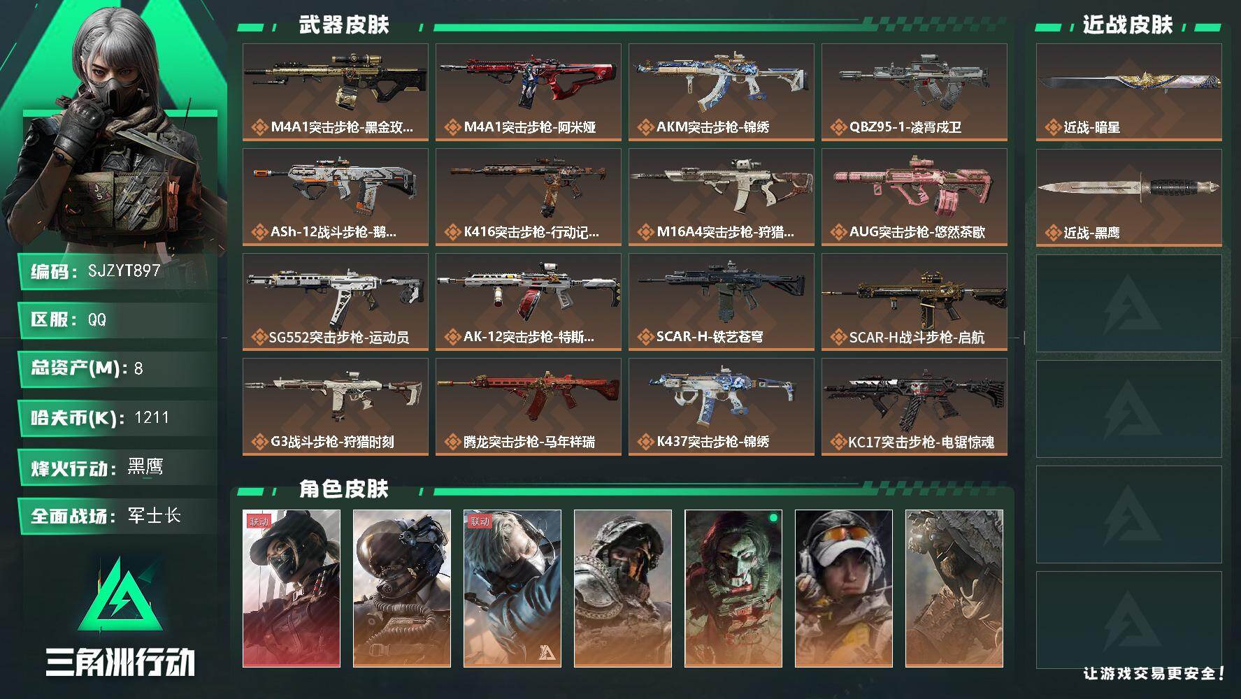 三角洲行动账号QQ【SJZYT897】总资产(M)：8M/哈夫币(K)：1211K/哈夫币(K)：1211K/传说枪皮数：38/全面战场等级：50_段位：军士长/烽火地带等级：60_段位：黑鹰/露娜-黑·天际线/威龙