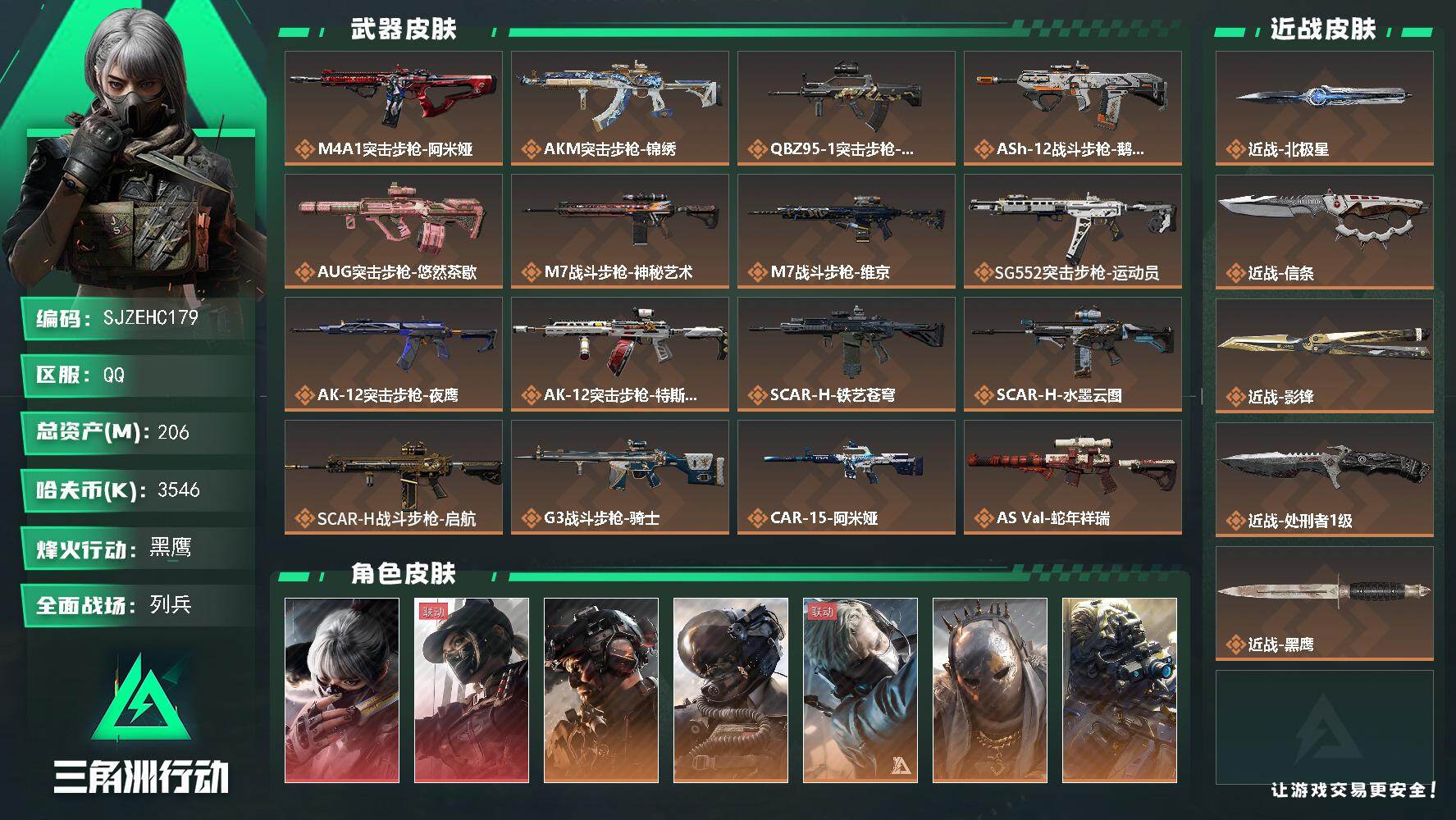 三角洲行动账号QQ【SJZEHC179】DHC60254 【2红皮/9金皮/3刀皮/15咖啡豆】
206m总资产-35