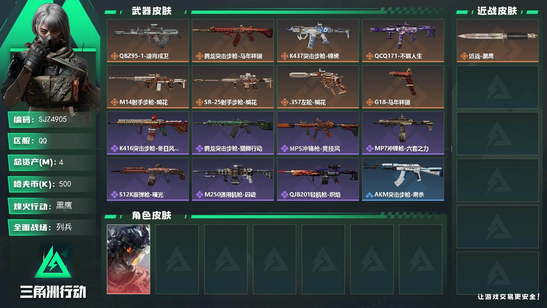 三角洲行动账号QQ【SJZ4905】总资产(M)：4M/哈夫币(K)：500K/哈夫币(K)：500K/传说枪皮数：8/全面战场等级：6_段位：列兵/烽火地带等级：55_段位：黑鹰/威龙-凌霄戍卫/近战-黑鹰/QBZ