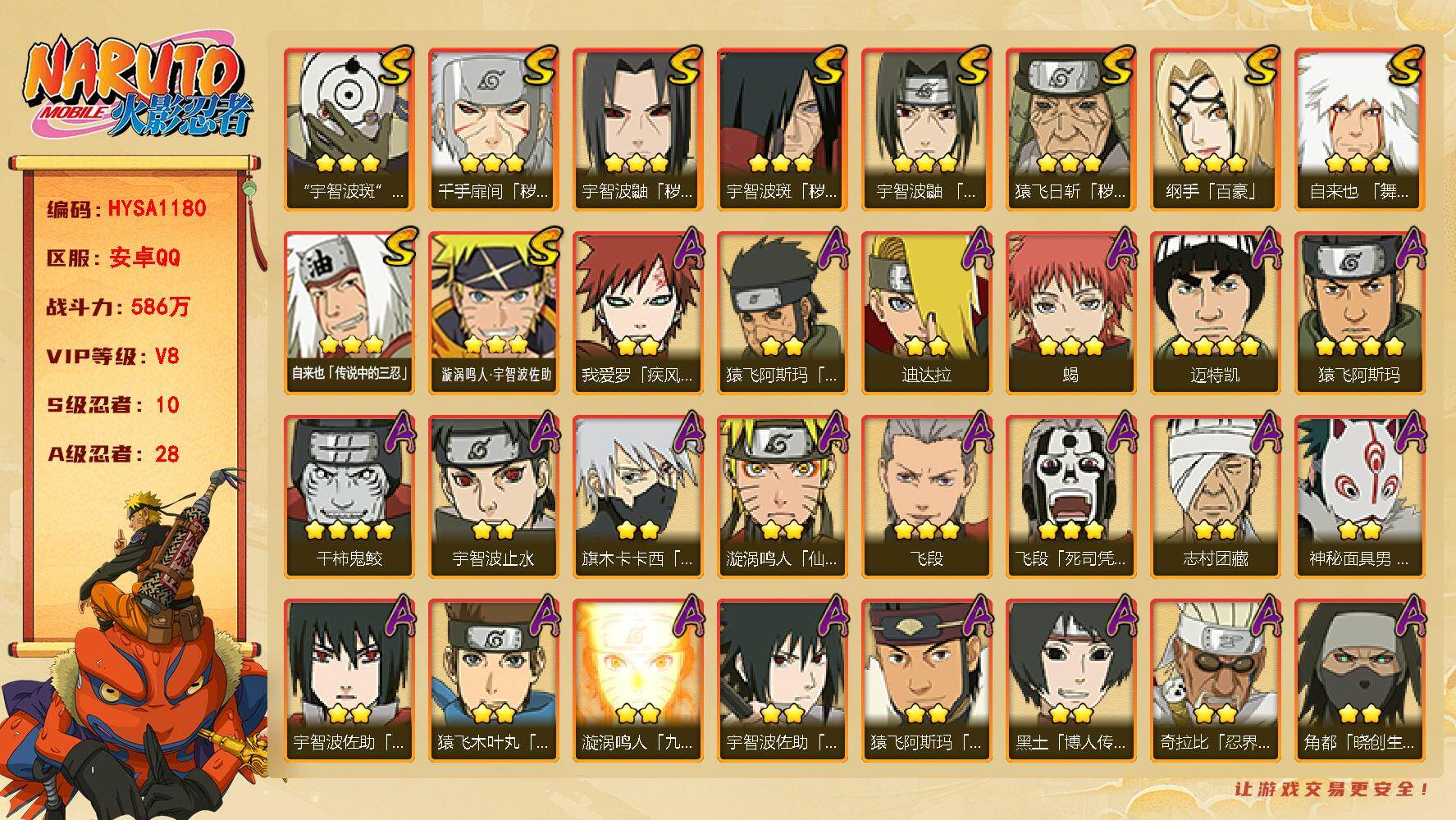 火影忍者账号安卓QQ【HYSA1180】V8/战力586W/S忍10/A忍28/通灵兽15/3星宇智波斑「秽土转生」/3星纲手「百豪」/4星干柿鬼鲛/2星我爱罗「疾风传」/2星宇智波止水/3星宇智波鼬「秽土转生」/3星