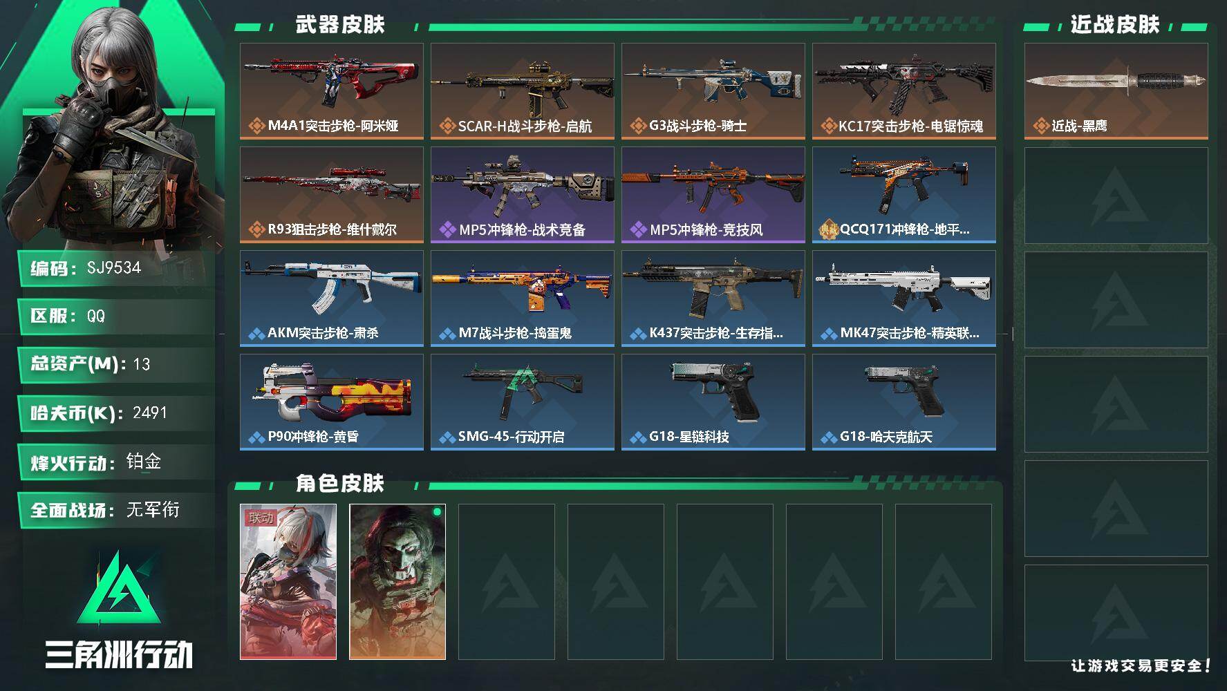 三角洲行动账号QQ【SJ9534】总资产(M)：13M/哈夫币(K)：2491K/哈夫币(K)：2491K/传说枪皮数：5/全面战场等级：2_段位：无段位/烽火地带等级：52_段位：铂金/骇爪-维什戴尔/红狼-电锯惊