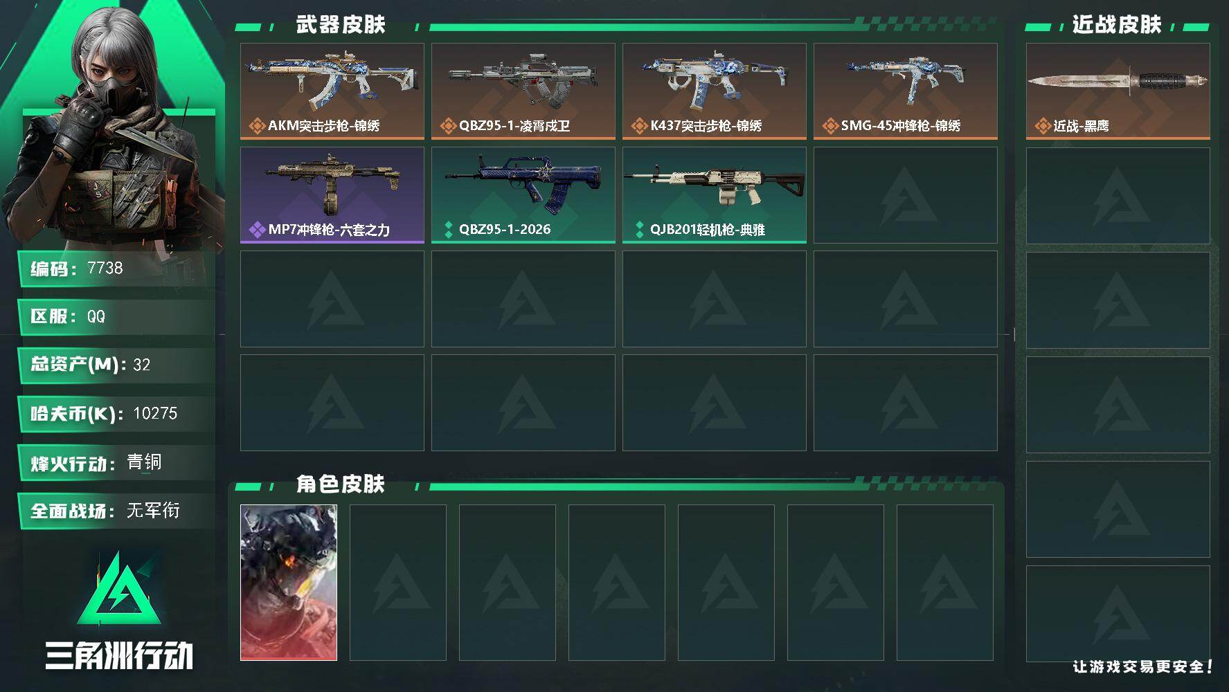 三角洲行动账号QQ总资产32M/哈夫币1027万/传说枪皮数4/战场等级1/行动等级24/安全箱等时效性道具以游戏内数据为准，详情请看图/威龙-凌霄戍卫/近战-黑鹰/AKM突击步枪-锦绣/QBZ95-1突击步枪-凌霄戍