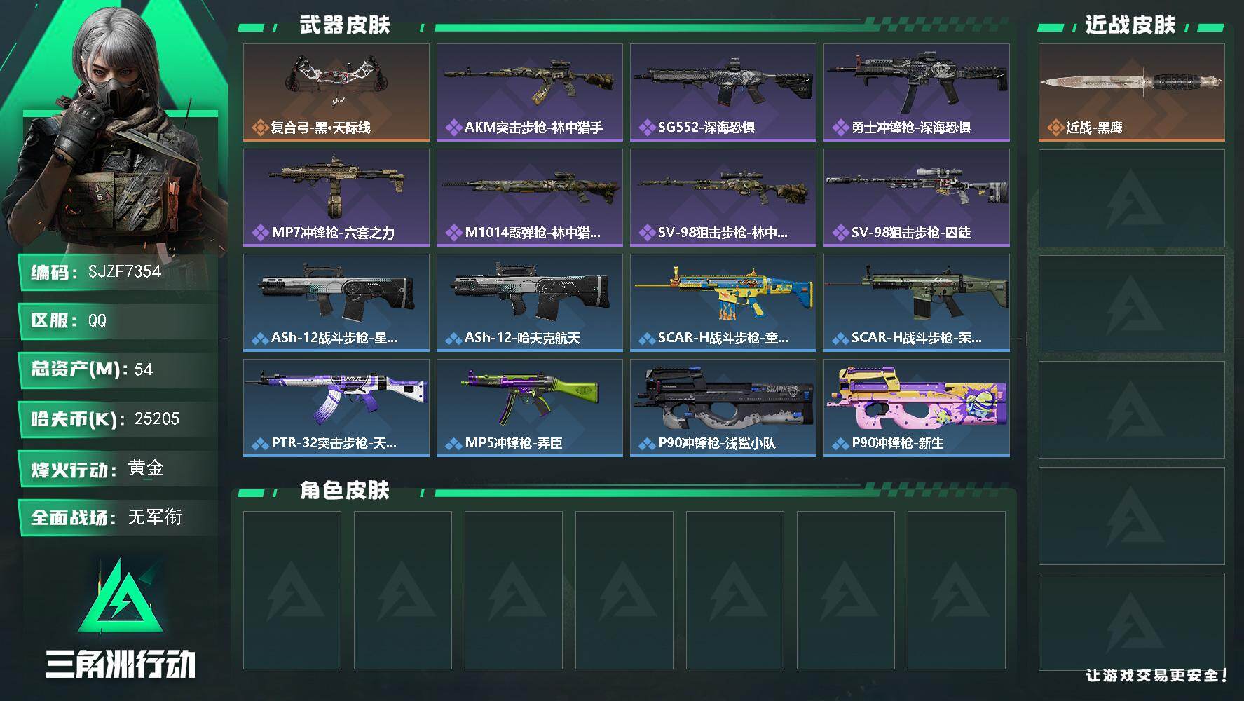 三角洲行动账号QQ【SJZF7354】总资产(M)：54M/哈夫币(K)：25205K/哈夫币(K)：25205K/传说枪皮数：1/全面战场等级：1_段位：无段位/烽火地带等级：60_段位：黄金/近战-黑鹰/复合弓-