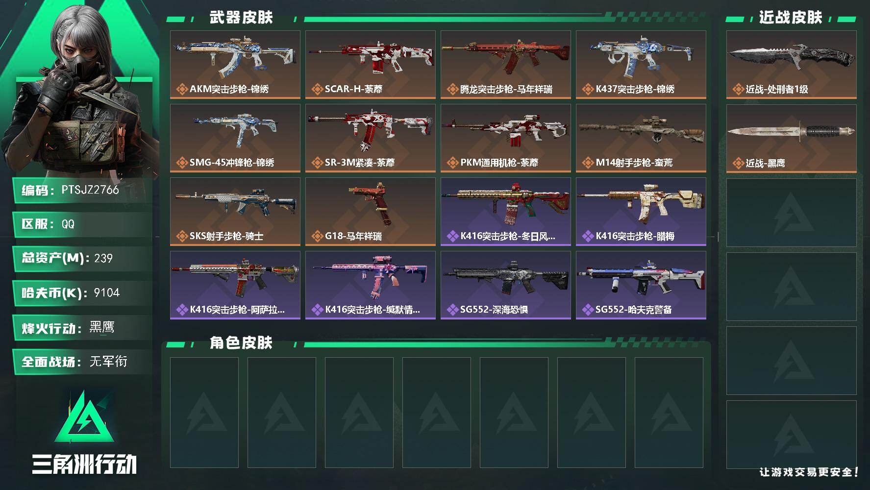 三角洲行动账号QQ【PTSJZ2766】总资产(M)：239M/哈夫币(K)：9104K/哈夫币(K)：9104K/传