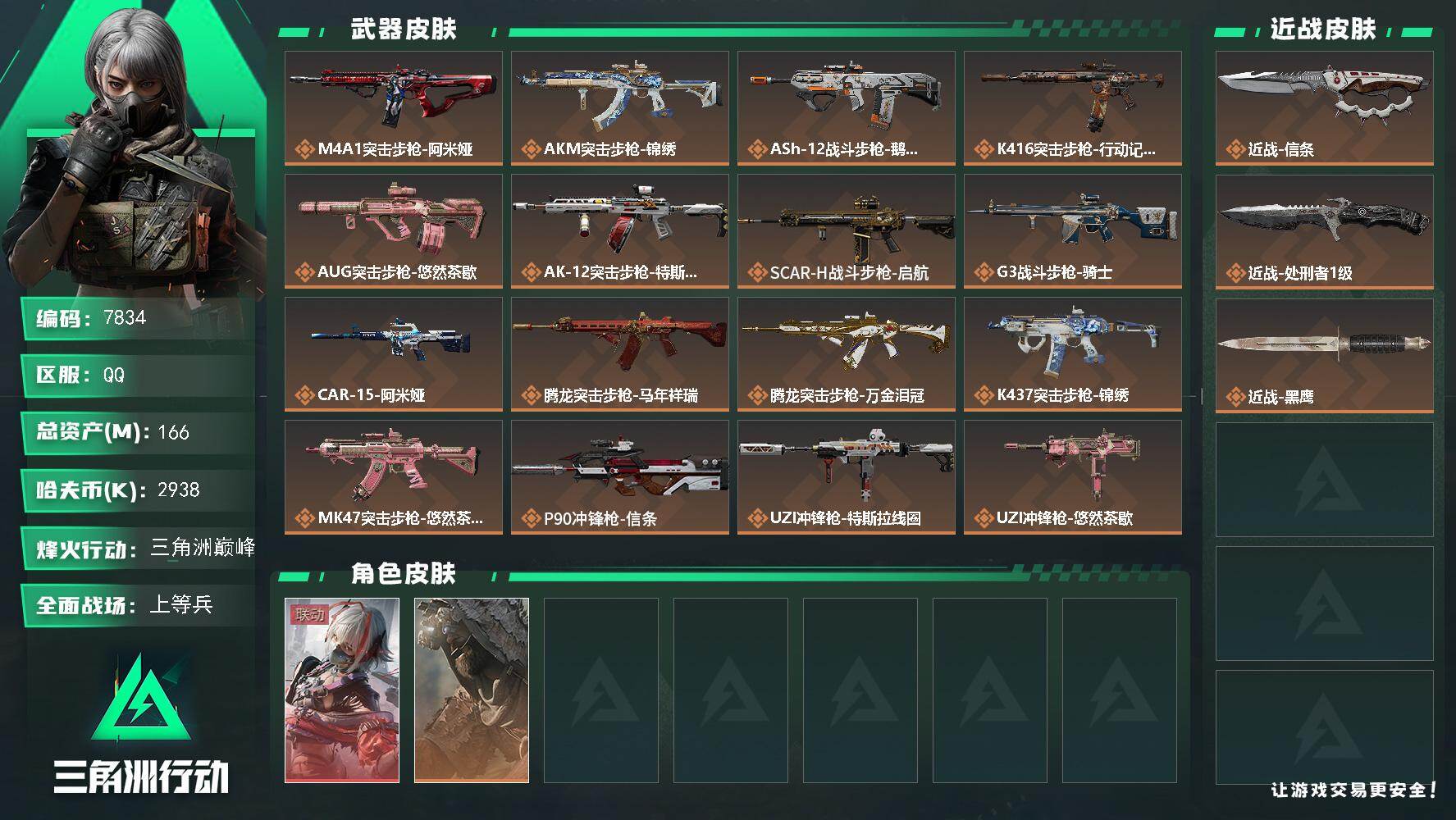 三角洲行动账号QQ总资产166M/哈夫币293万/传说近战数1/传说枪皮数33/战场等级21/行动等级60/安全箱等时效性道具以游戏内数据为准，详情请看图/骇爪-维什戴尔/乌鲁鲁-荒原猎手/近战-信条/近战-处刑者/近