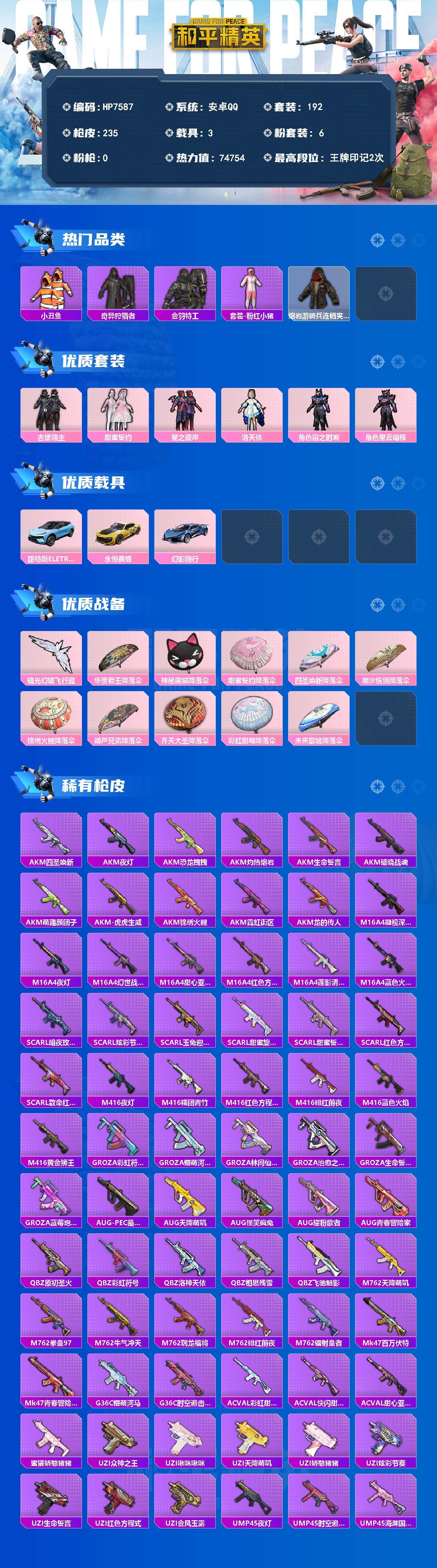 和平精英账号安卓QQ3载具-192套装-235枪皮-公主号-小丑鱼/奇异狩猎者/金羽特工/粉红小猪/熔岩游骑兵连帽夹克/古堡领主/甜蜜誓约/星之彼岸/洛天依/宙之时溯/星云暗核/路特斯ELETRE（冰川蓝）/永恒黄蜂/幻