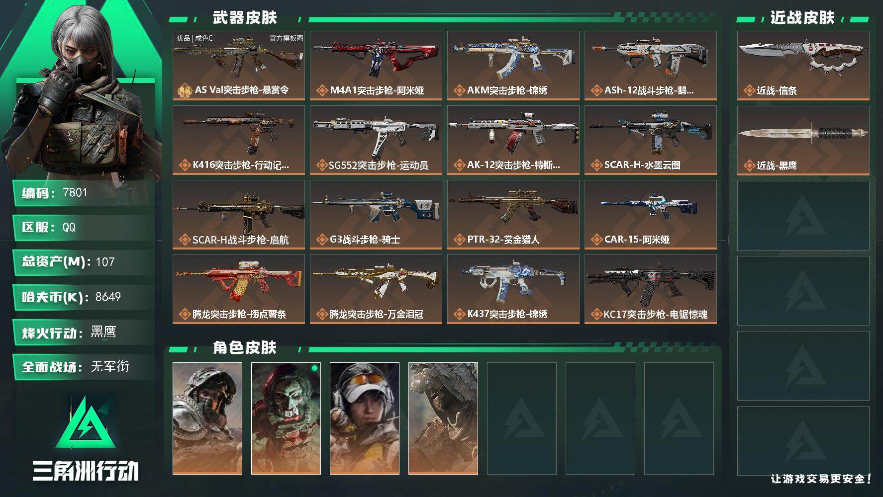 三角洲行动账号QQ总资产107M/哈夫币864万/传说近战数1/传说枪皮数37/战场等级3/行动等级60/安全箱等时效性道具以游戏内数据为准，详情请看图/深蓝-不破誓约/红狼-电锯惊魂/露娜-金牌射手/乌鲁鲁-荒原猎手