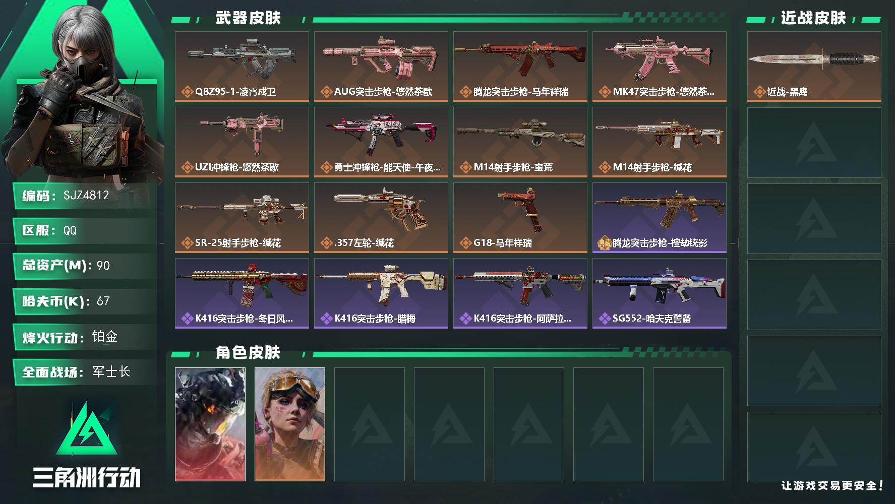 三角洲行动账号QQ【SJZ4812】总资产(M)：90M/哈夫币(K)：67K/哈夫币(K)：67K/传说枪皮数：11/全面战场等级：31_段位：军士长/烽火地带等级：60_段位：铂金/威龙-凌霄戍卫/蛊-不羁人生/