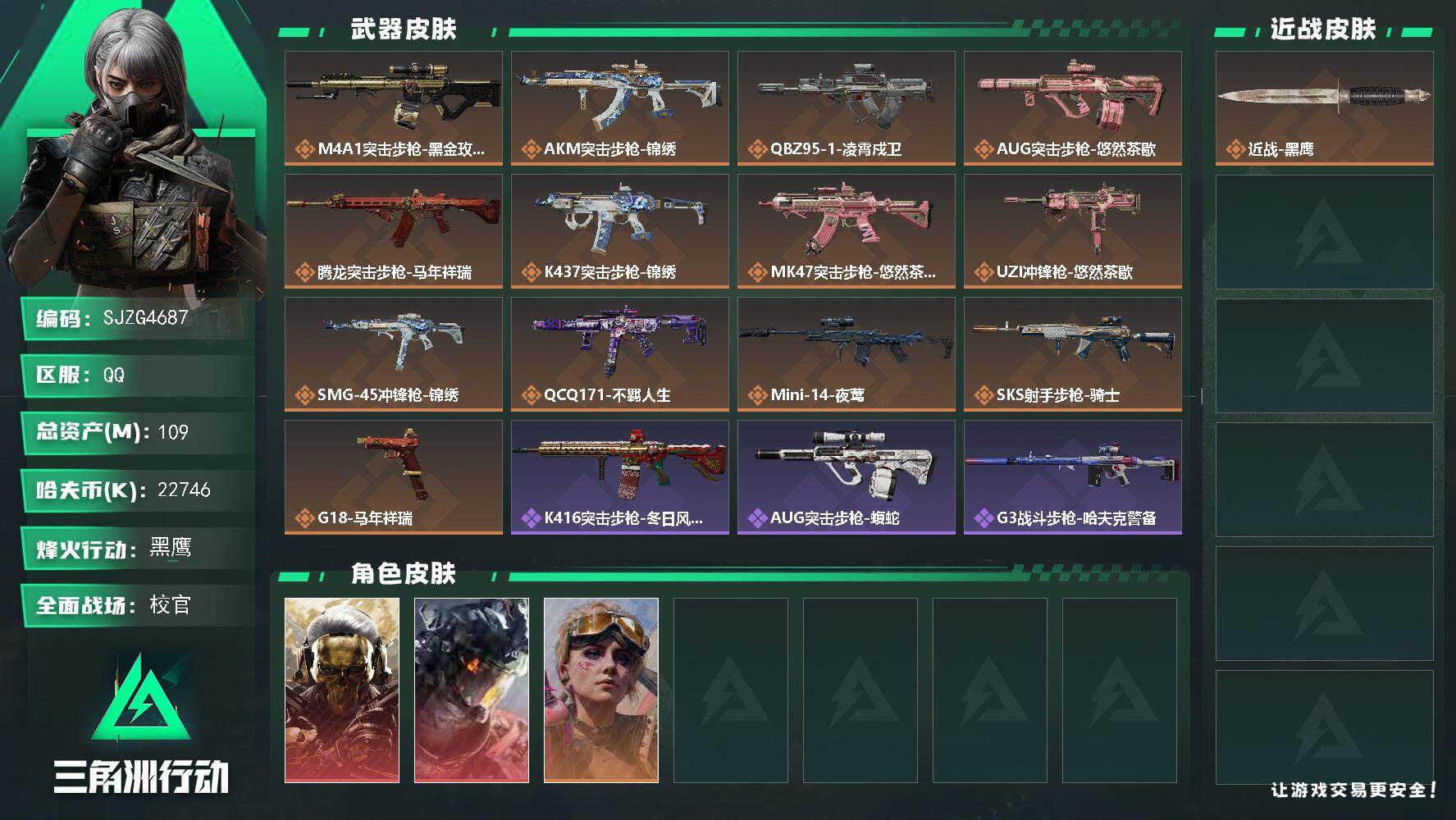三角洲行动账号QQ【SJZG4687】总资产(M)：109M/哈夫币(K)：22746K/哈夫币(K)：22746K/传说枪皮数：13/全面战场等级：32_段位：校官/烽火地带等级：60_段位：黑鹰/红狼-蚀金玫瑰/